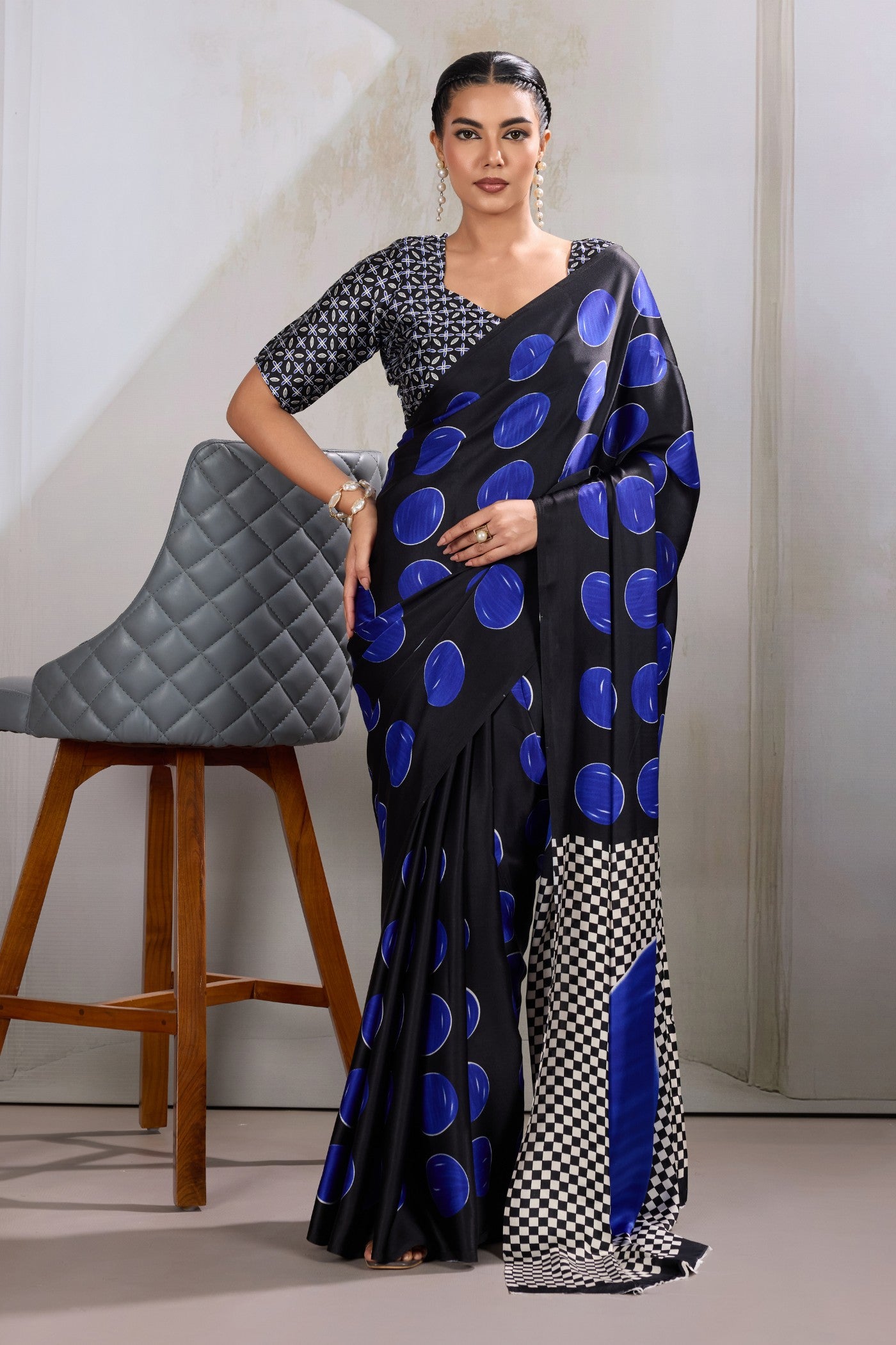Buy MySilkLove Electric Blue Printed Polka Dots Satin Crepe Saree Online