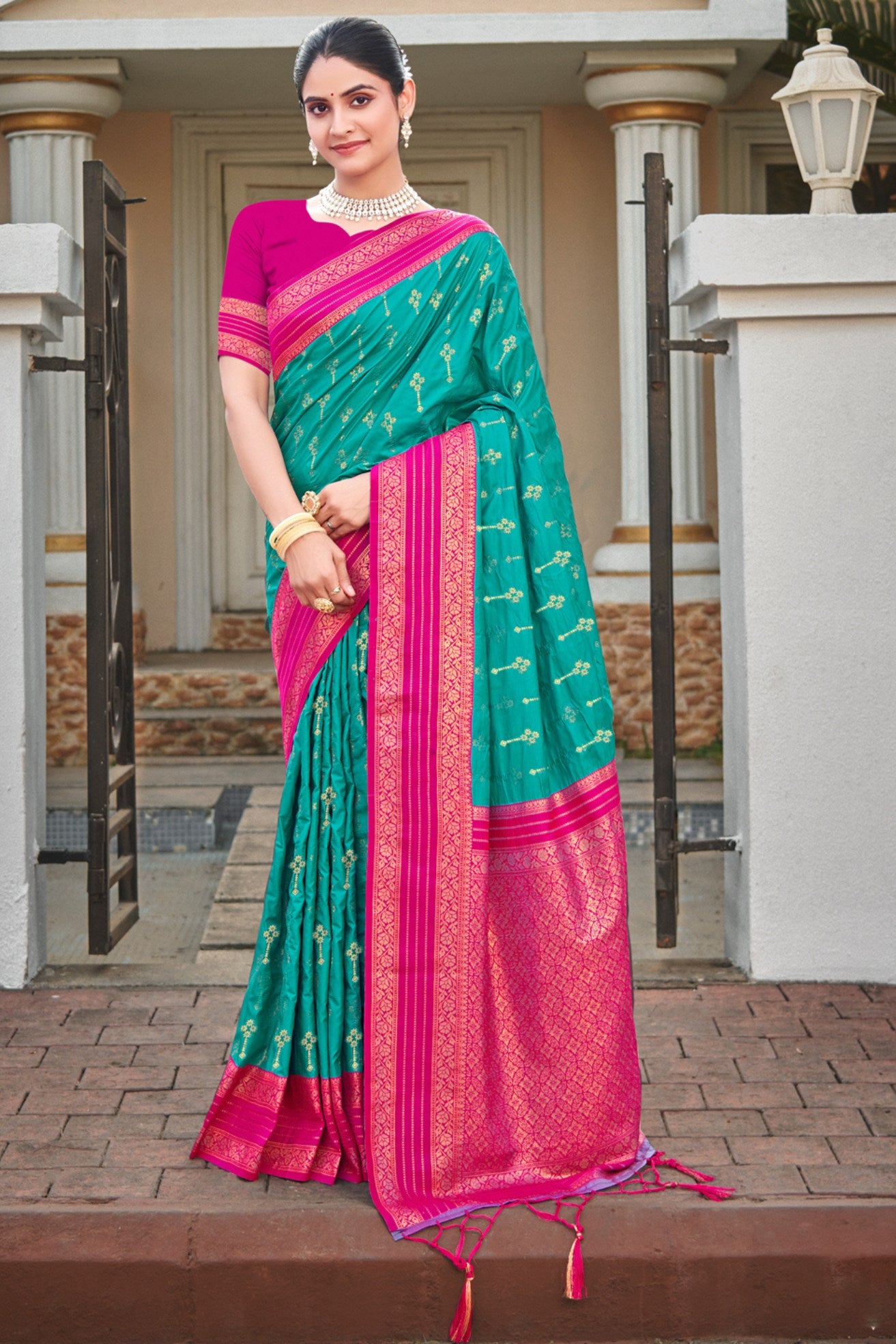 Buy MySilkLove Teal Blue and Pink Woven Banarasi Saree Online