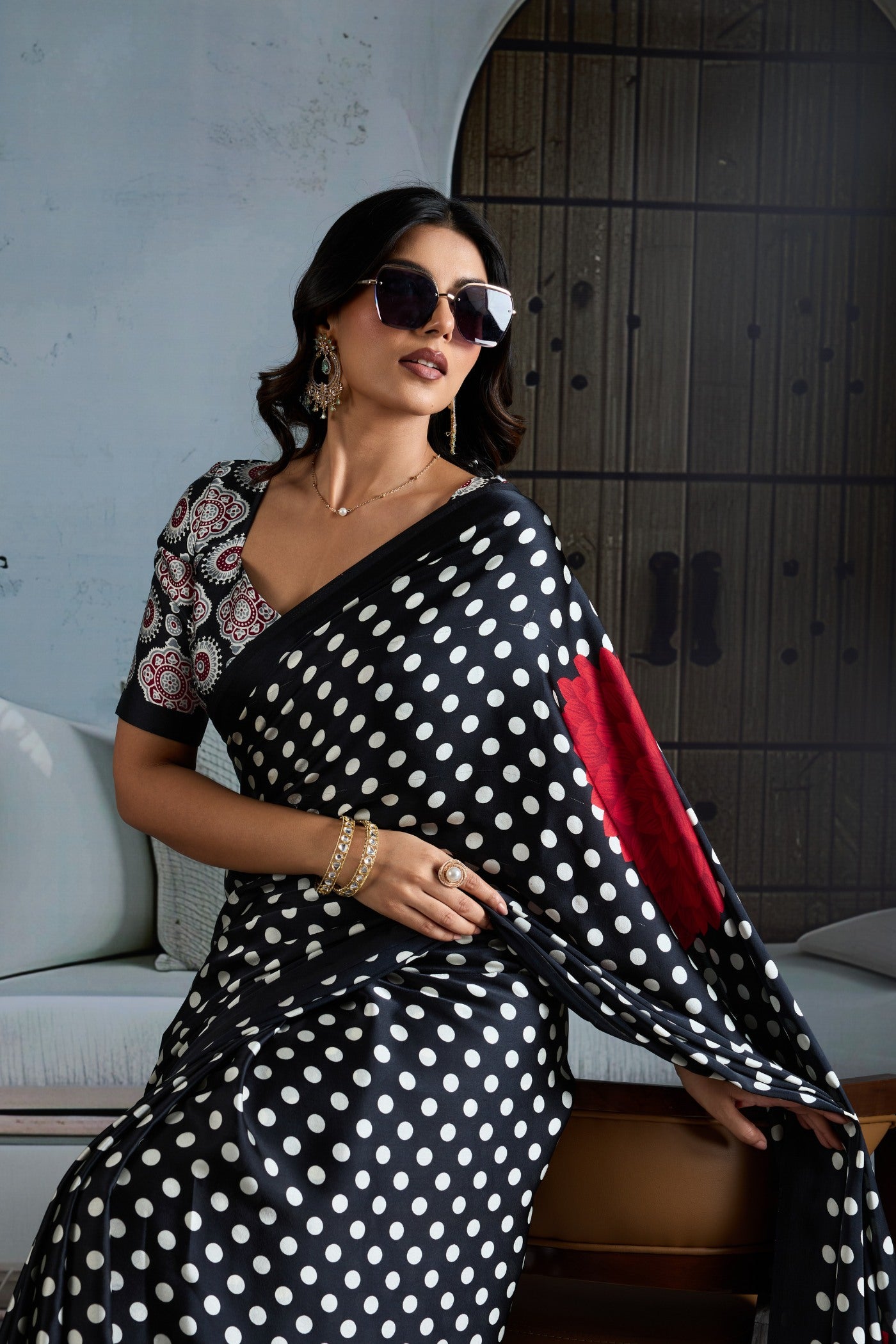MySilkLove Outer Black Printed Polka Dots Satin Crepe Saree