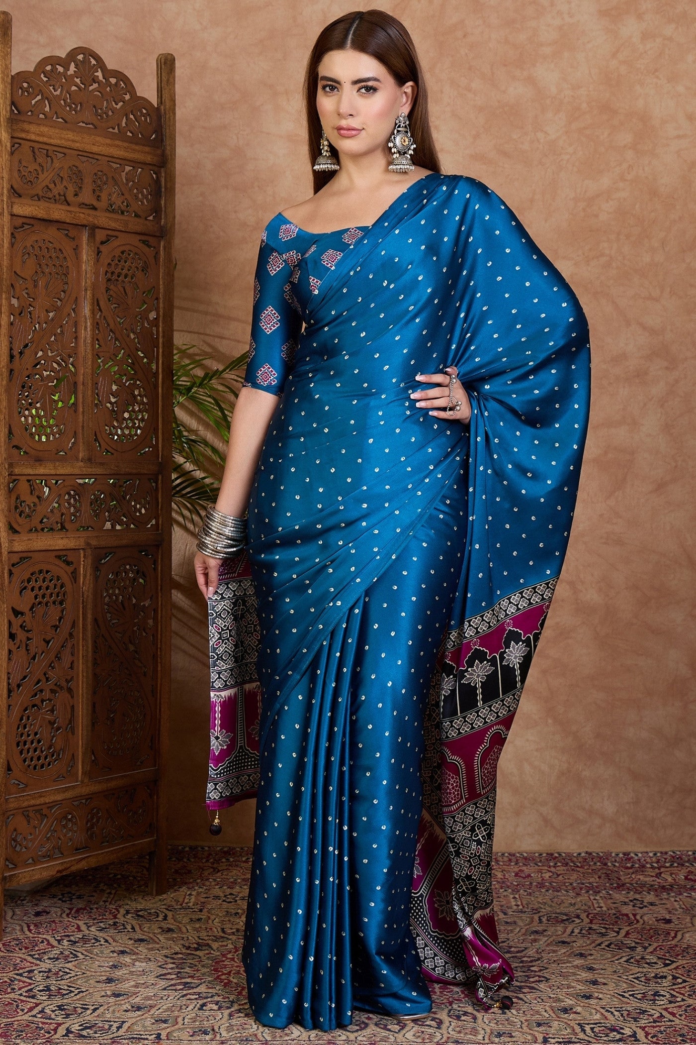 Buy MySilkLove Savoy Blue Ajrakh Printed Satin Crepe Silk Saree Online