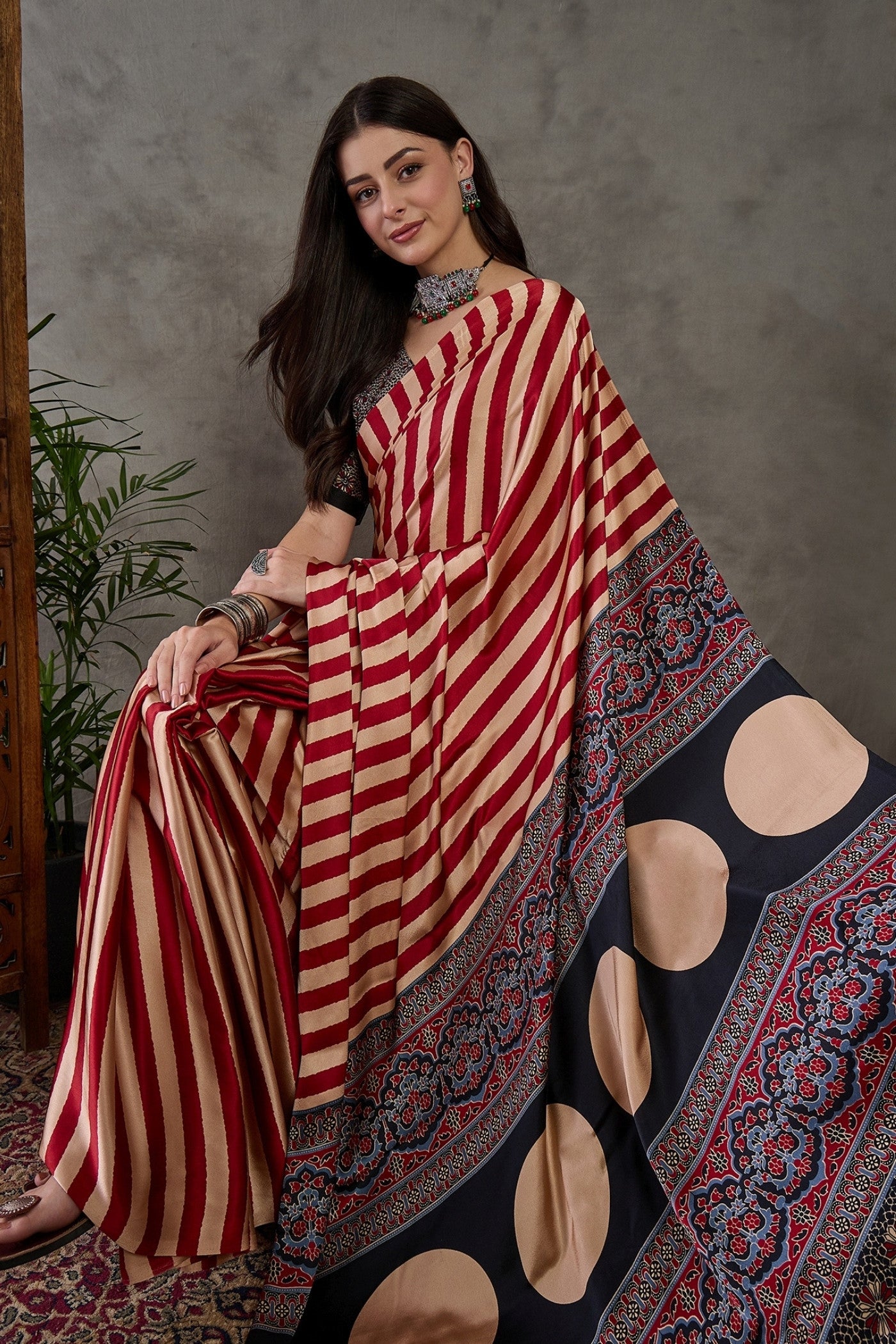 Buy MySilkLove Venetian Red Stripe Ajrakh Printed Satin Gaji Silk Saree Online