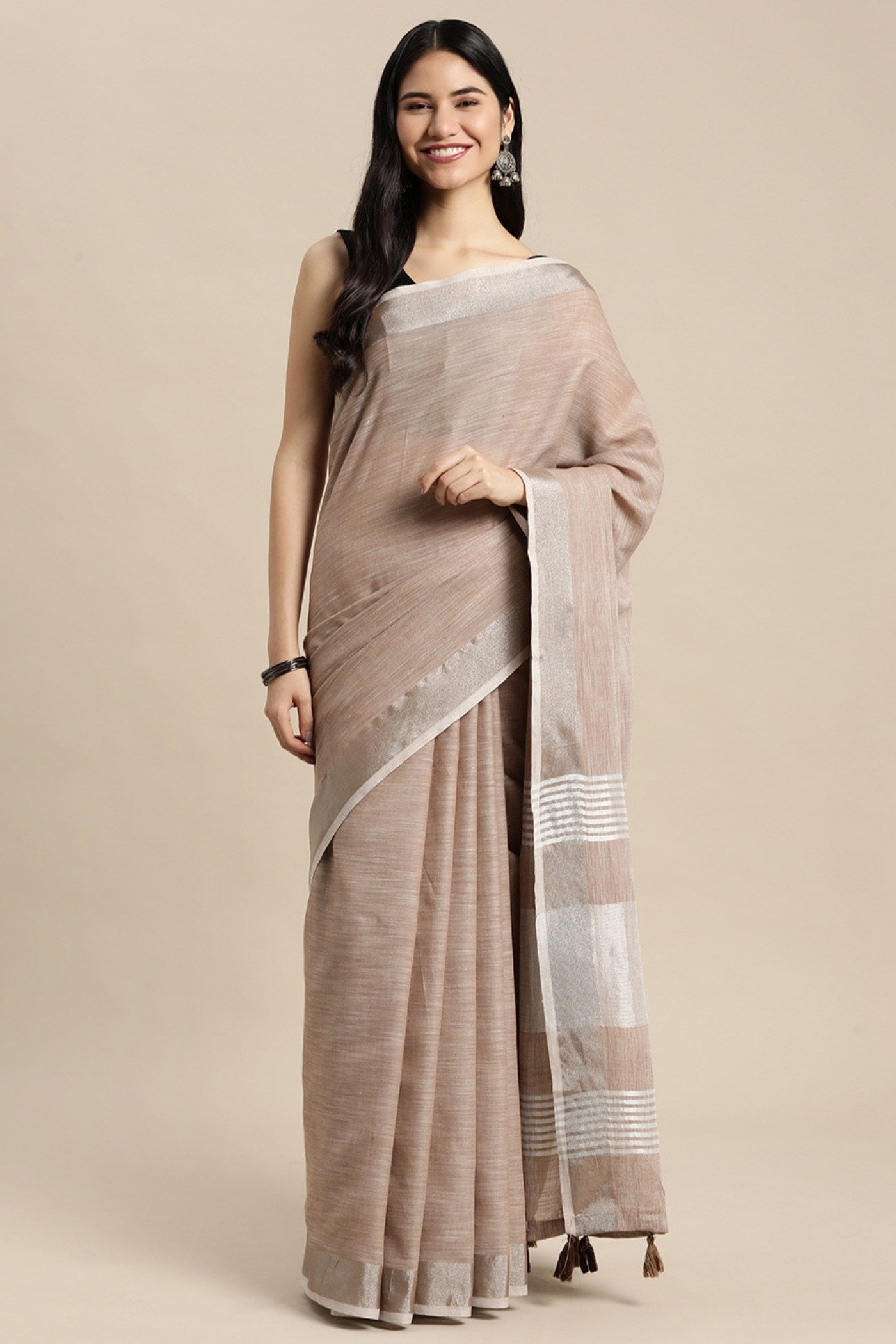 Buy MySilkLove Tortilla Brown Woven Linen Cotton Saree Online