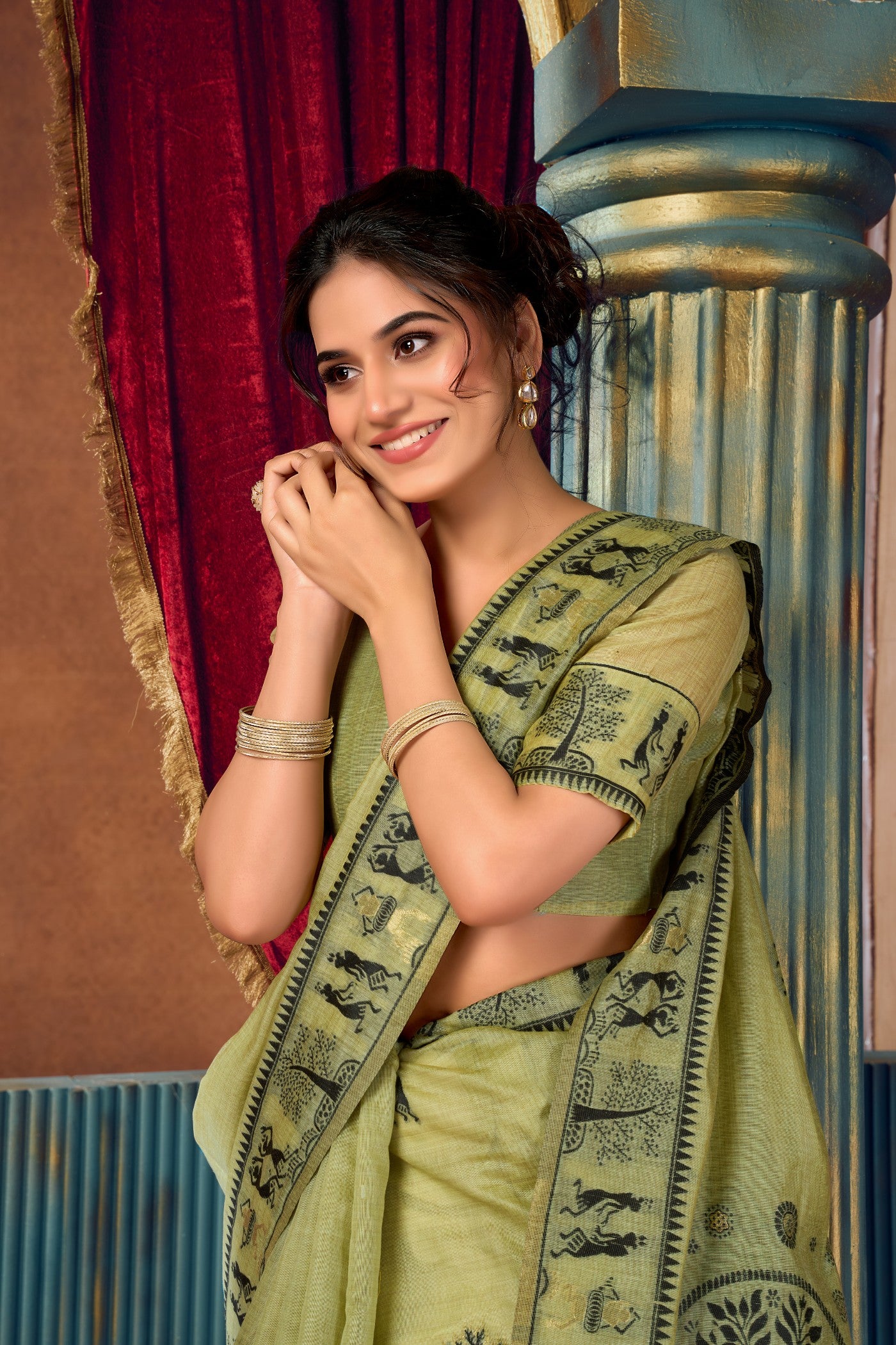 Buy MySilkLove Pista Green Woven Modal Cotton Saree Online