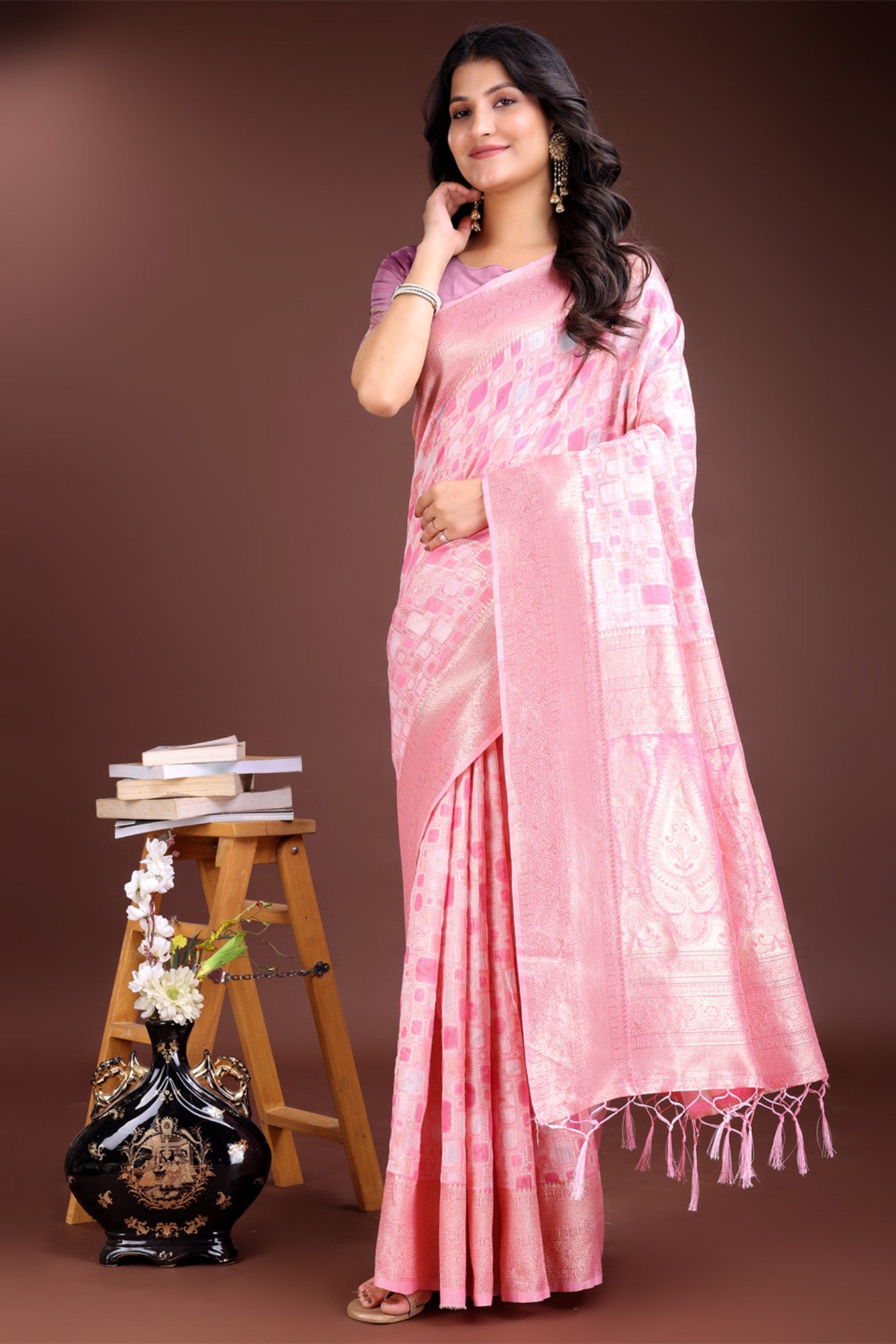 Buy MySilkLove Cherry Pink Woven Linen Cotton Saree Online