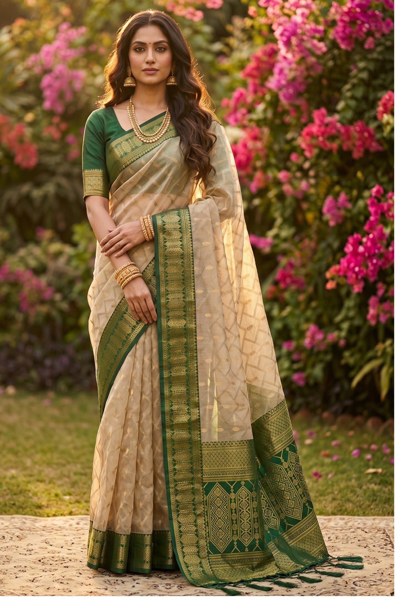 Buy MySilkLove Coconut Cream and Green Woven Banarasi Cotton Saree Online