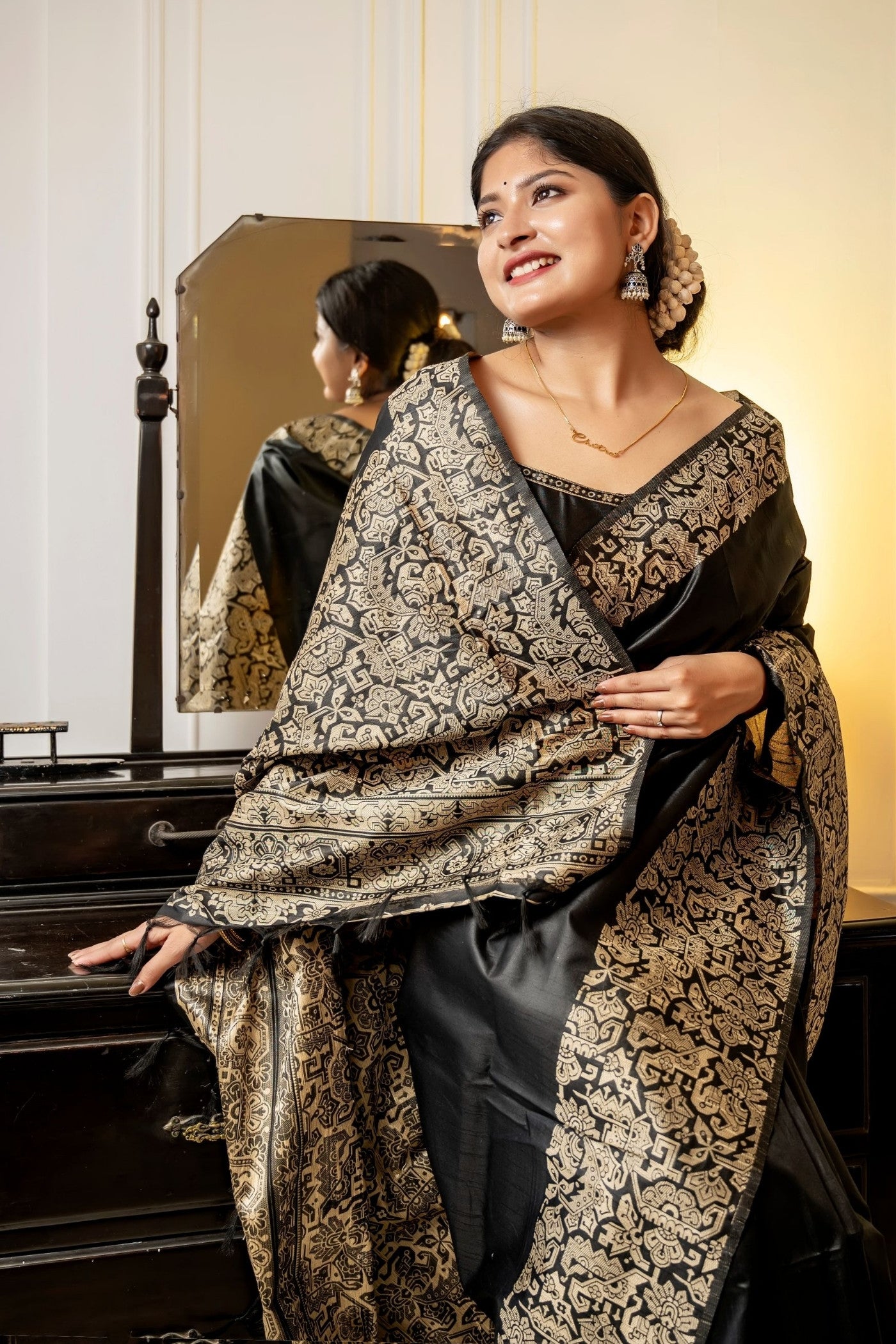 Buy MySilkLove Raisin Black Banarasi Handloom Raw Silk Saree Online