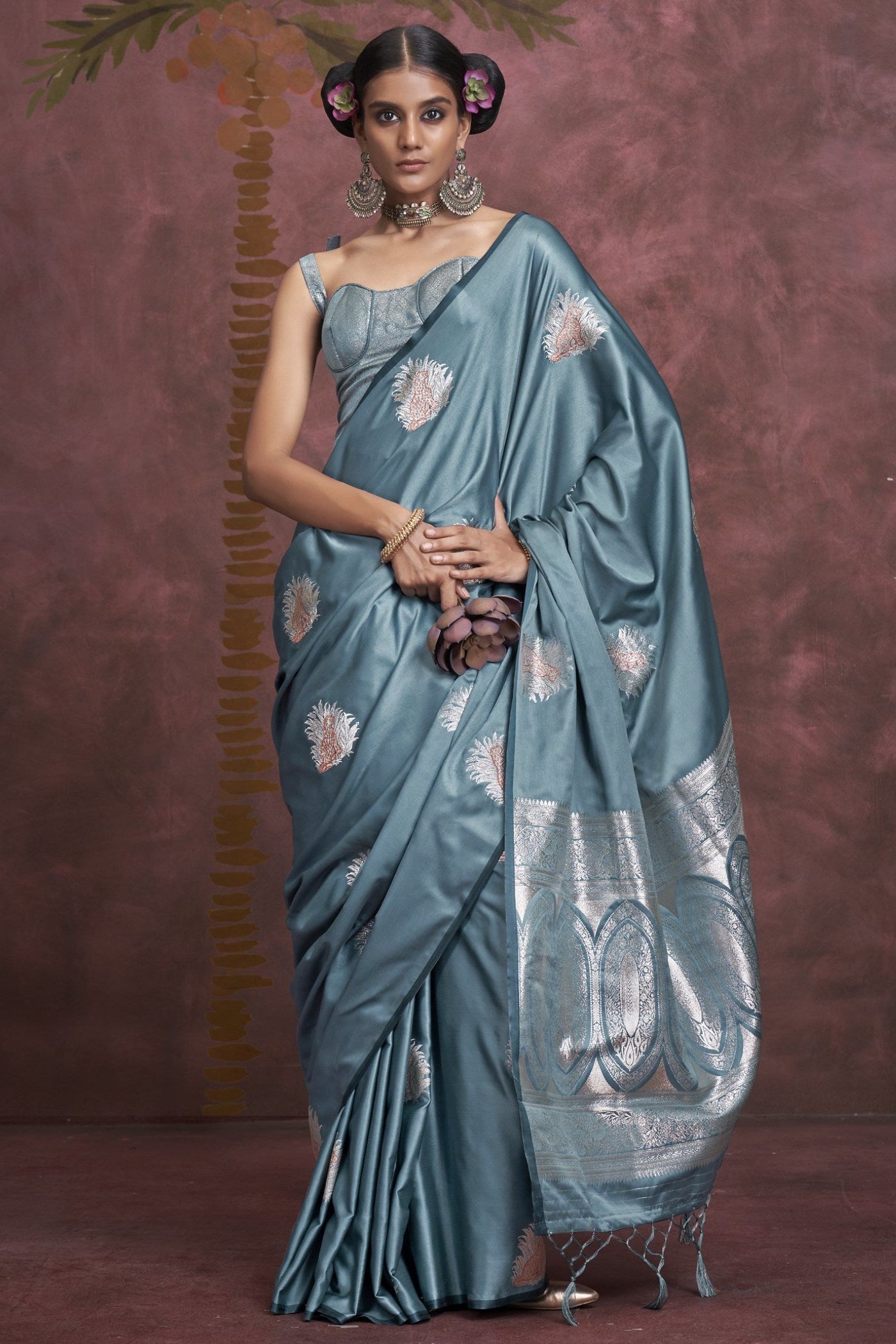 Buy MySilkLove Blue Stone Handloom Satin Banarasi Saree Online