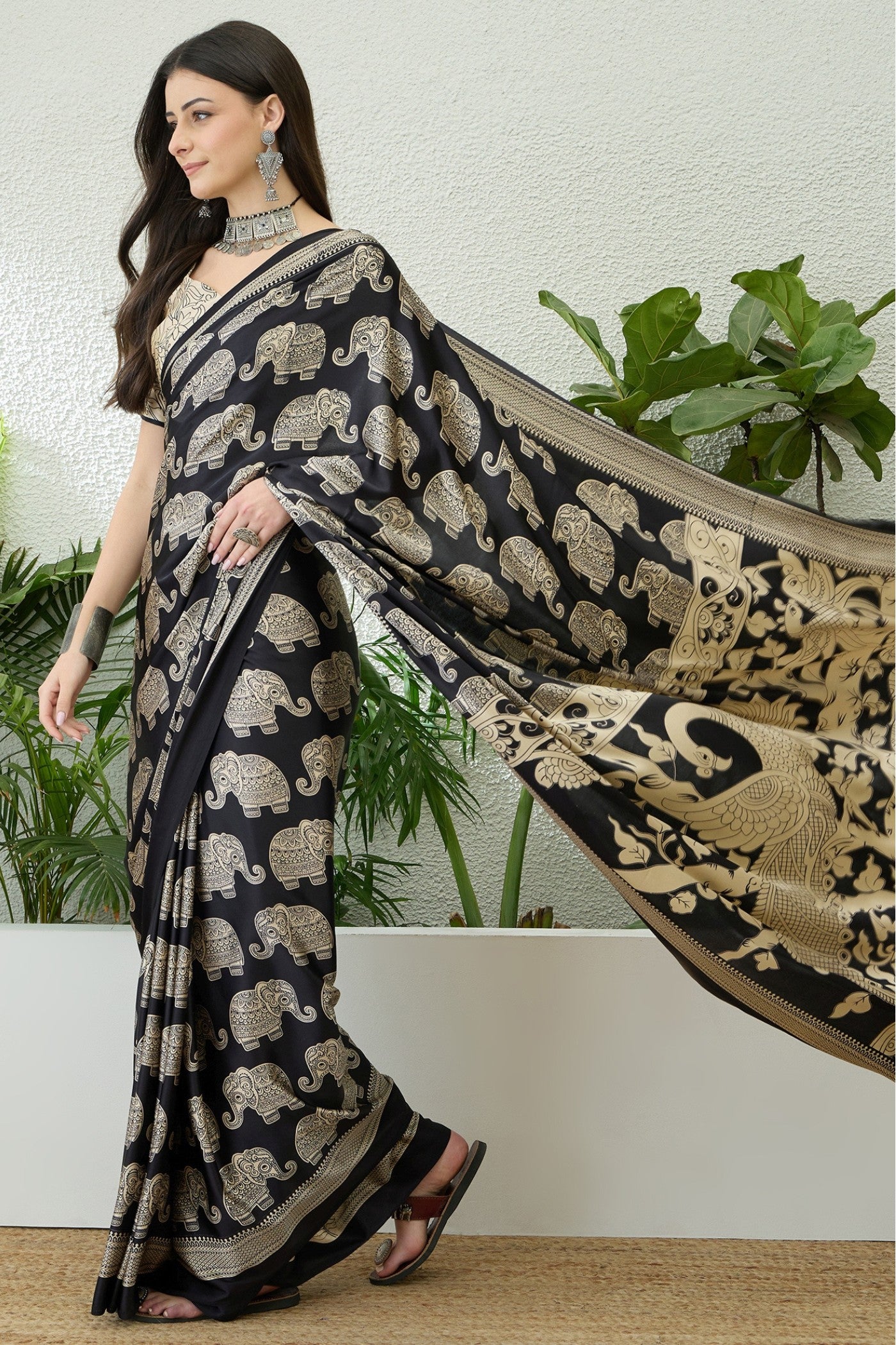 Buy MySilkLove Raisin Black Ajrakh Printed Satin Crepe Silk Saree Online