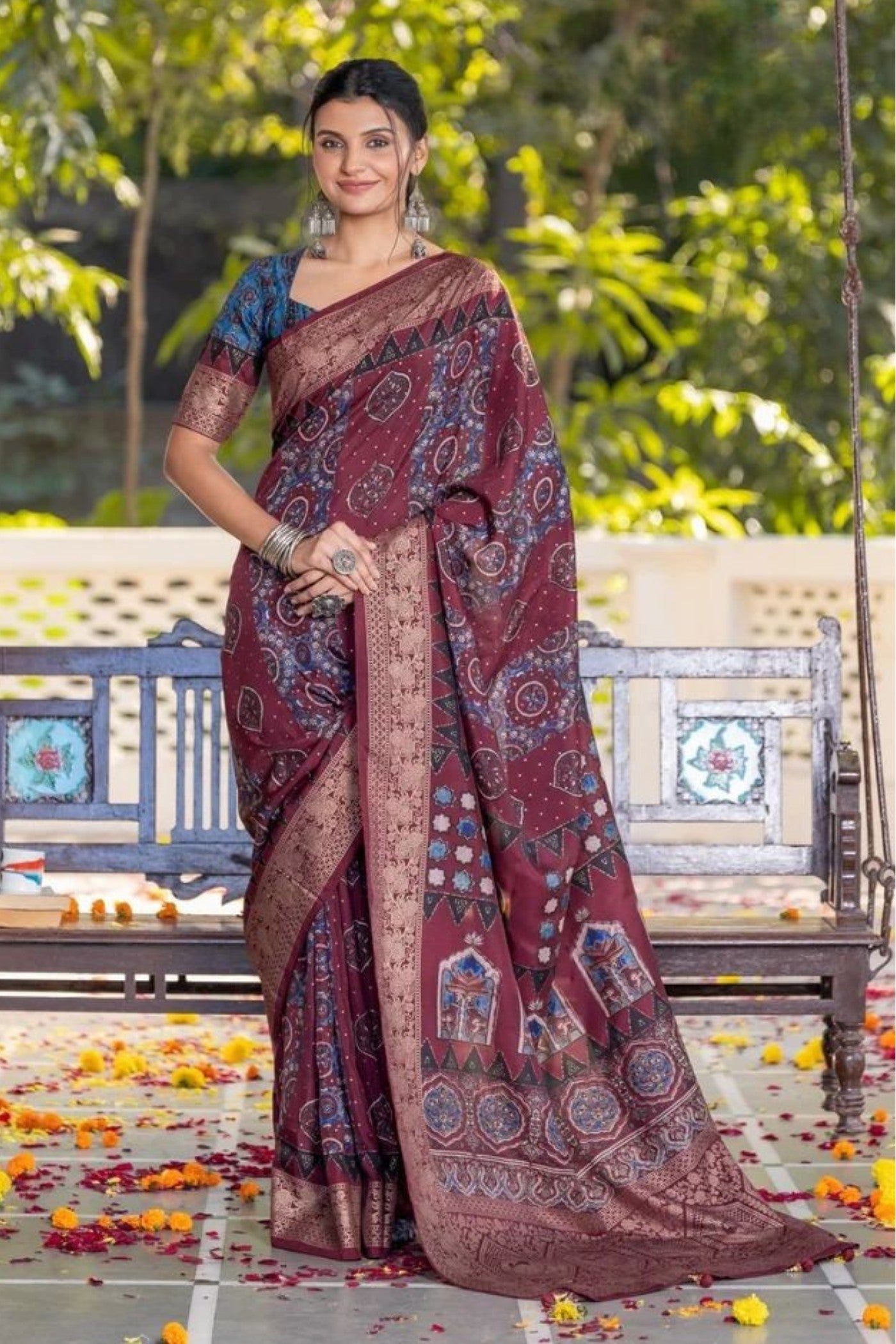 Buy MySilkLove Cedar Maroon Ajrakh Digital Printed Satin Saree Online