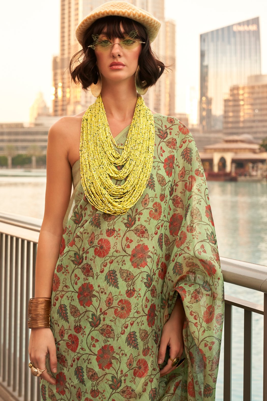 Buy MySilkLove French Green Printed Tissue Saree Online