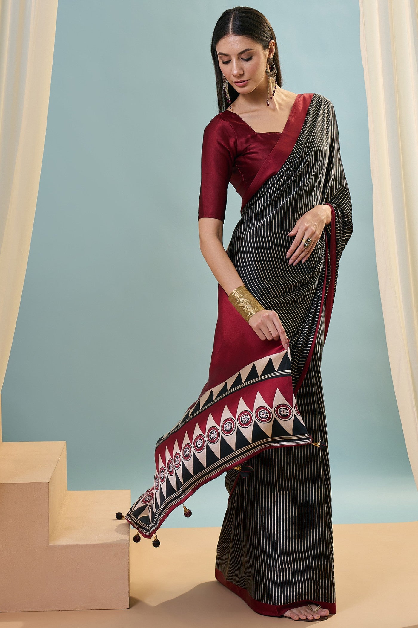 Buy MySilkLove Black Olive Ajrakh Printed Satin Crepe Silk Saree Online