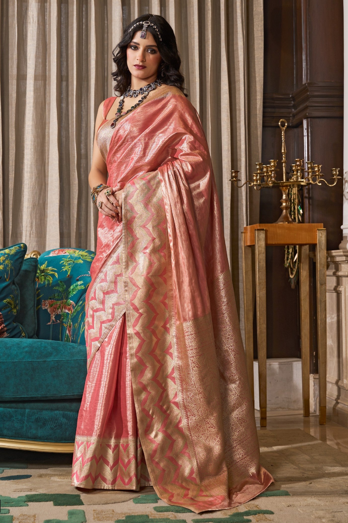 Buy MySilkLove Warm Pink Handloom Tissue Saree Online