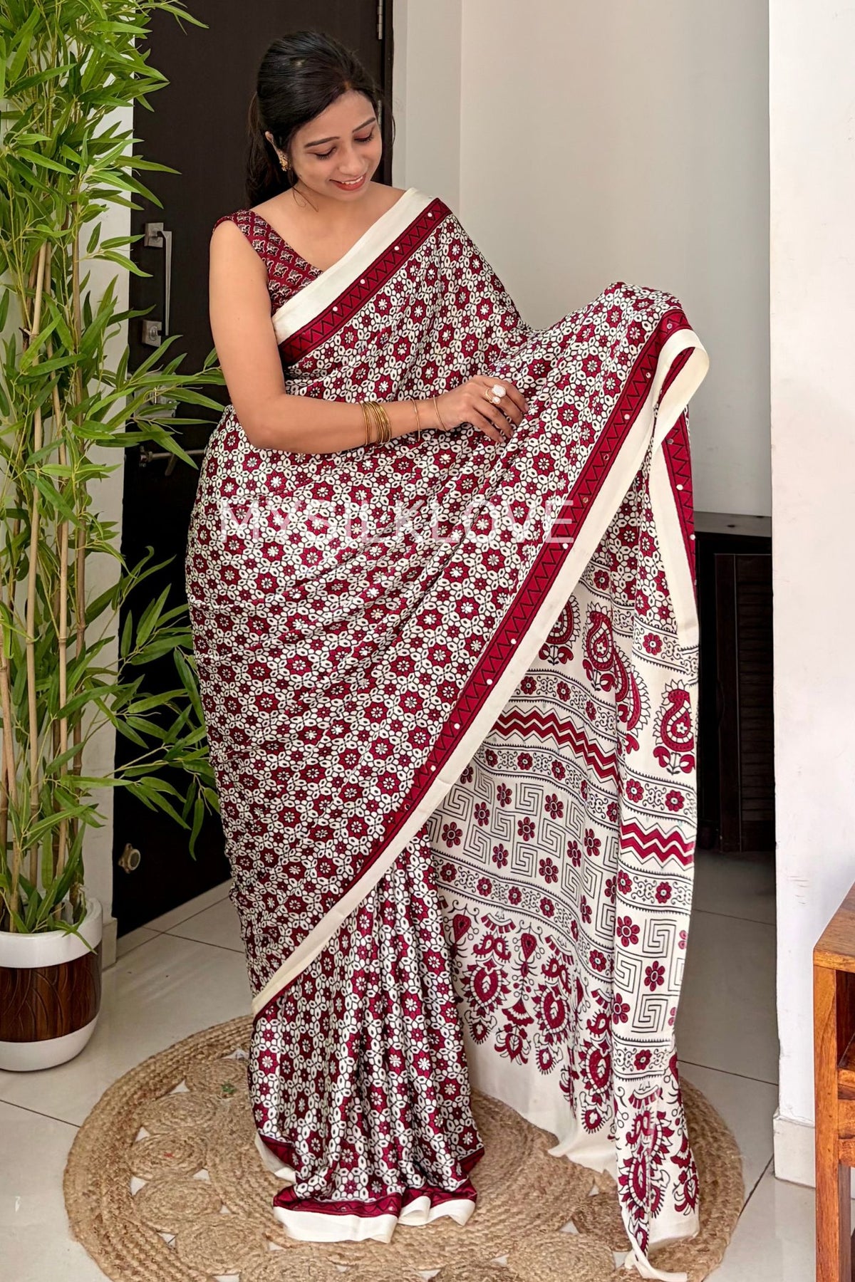 Buy MySilkLove Buttercream and Maroon Satin Printed Mirror Work Saree Online