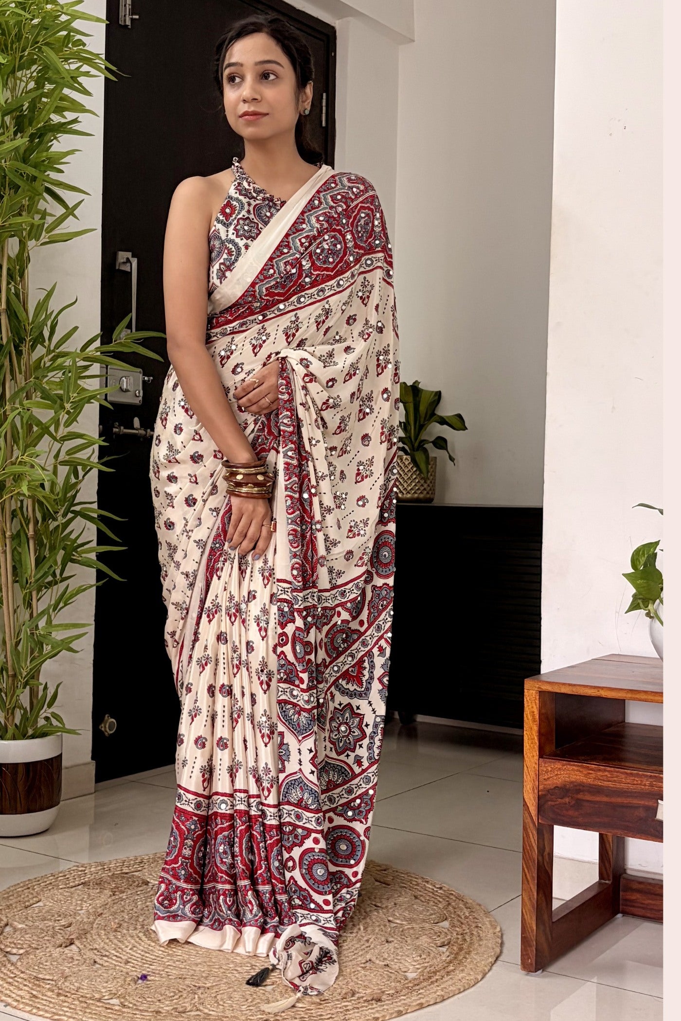 Buy MySilkLove Neutral Beige Modal Ajrakh Satin Printed Mirror Work Saree Online