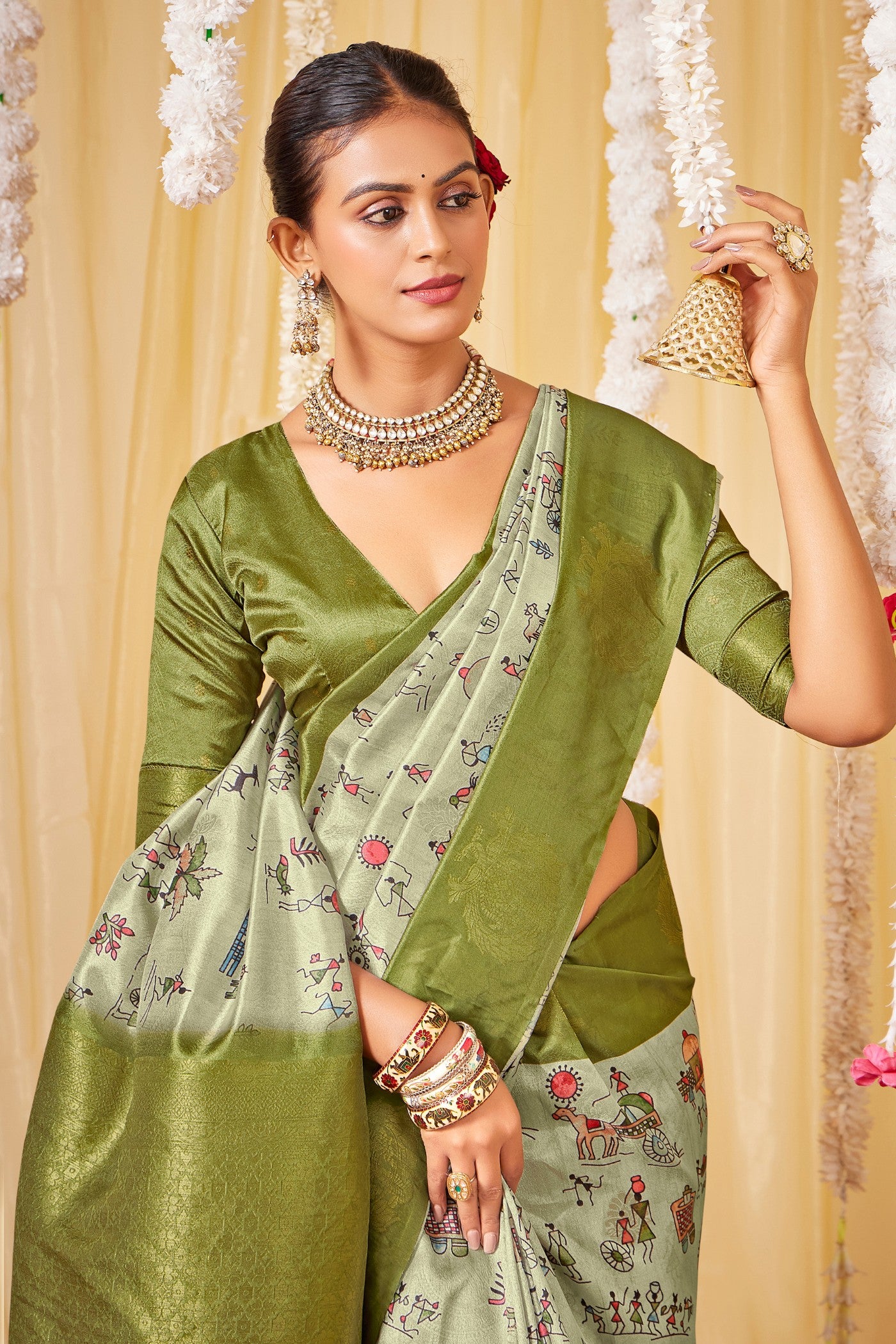 Buy MySilkLove Aloe Green Kalamkari Printed Saree Online
