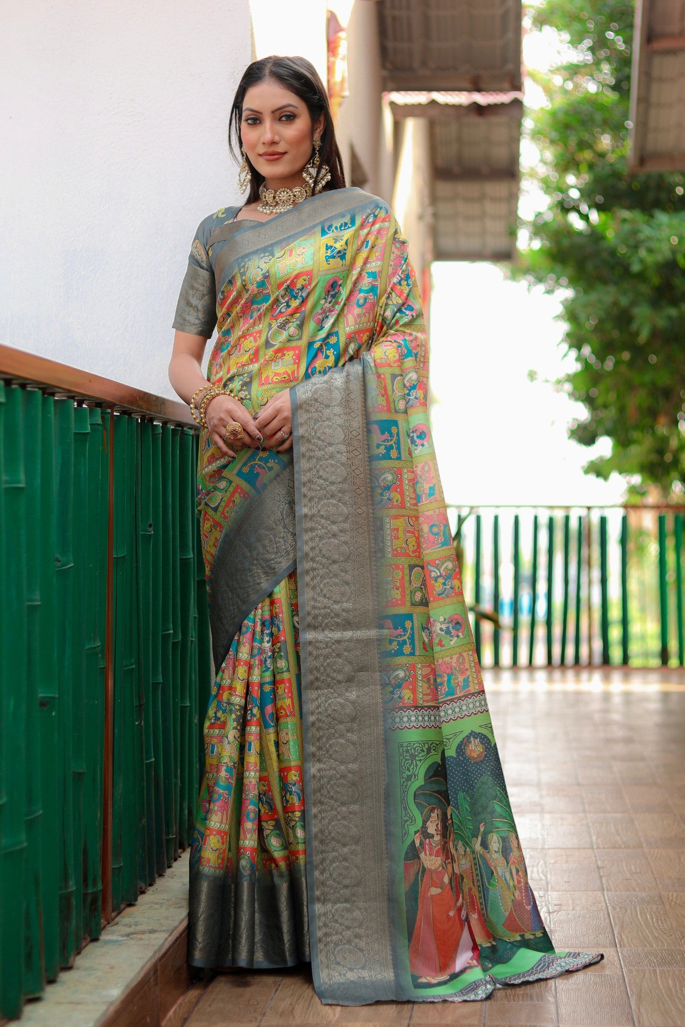 Buy MySilkLove Multicolor Green Digital Printed Kalamkari Saree Online