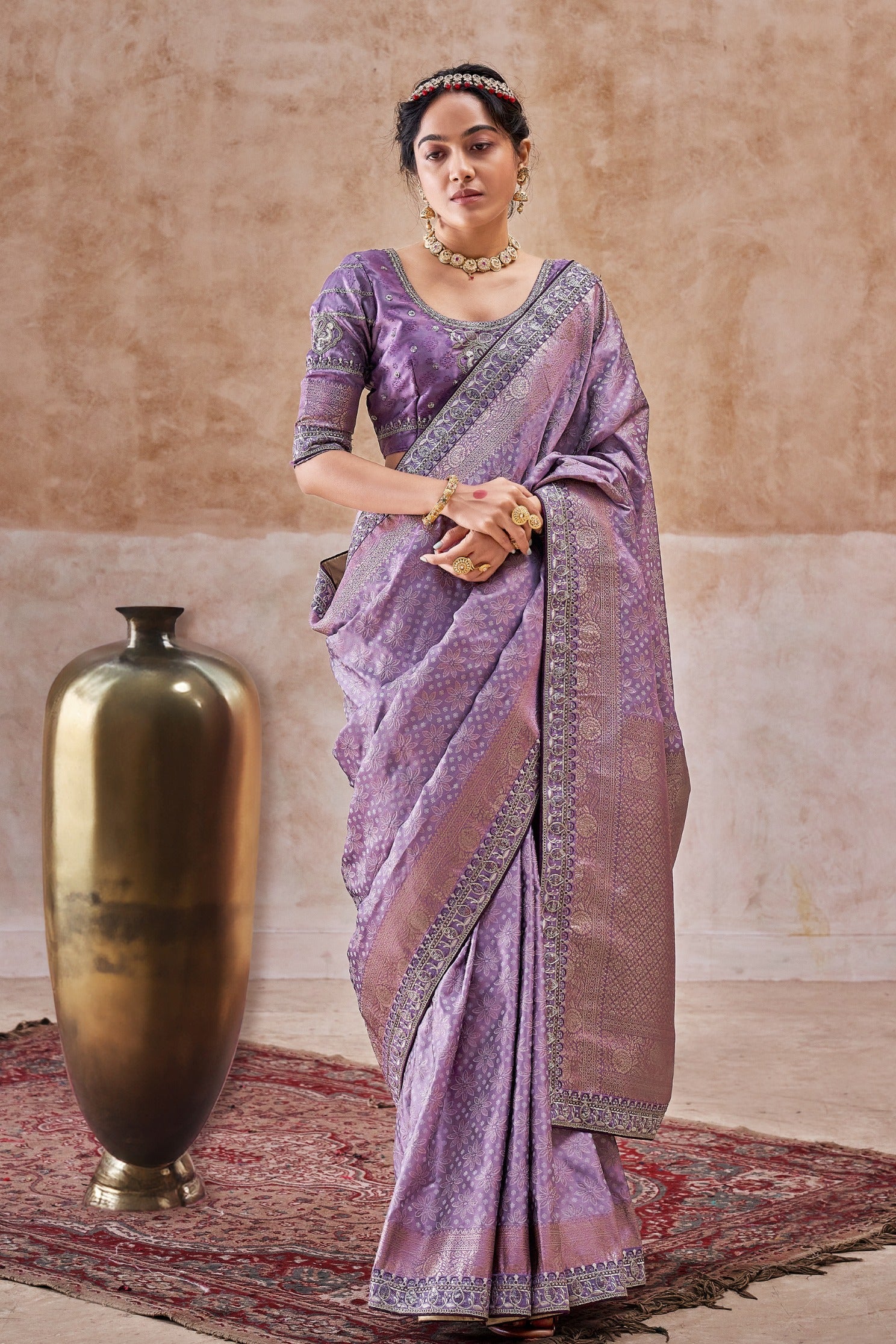 Buy MySilkLove Lily Purple Embroidered Satin Silk Saree Online