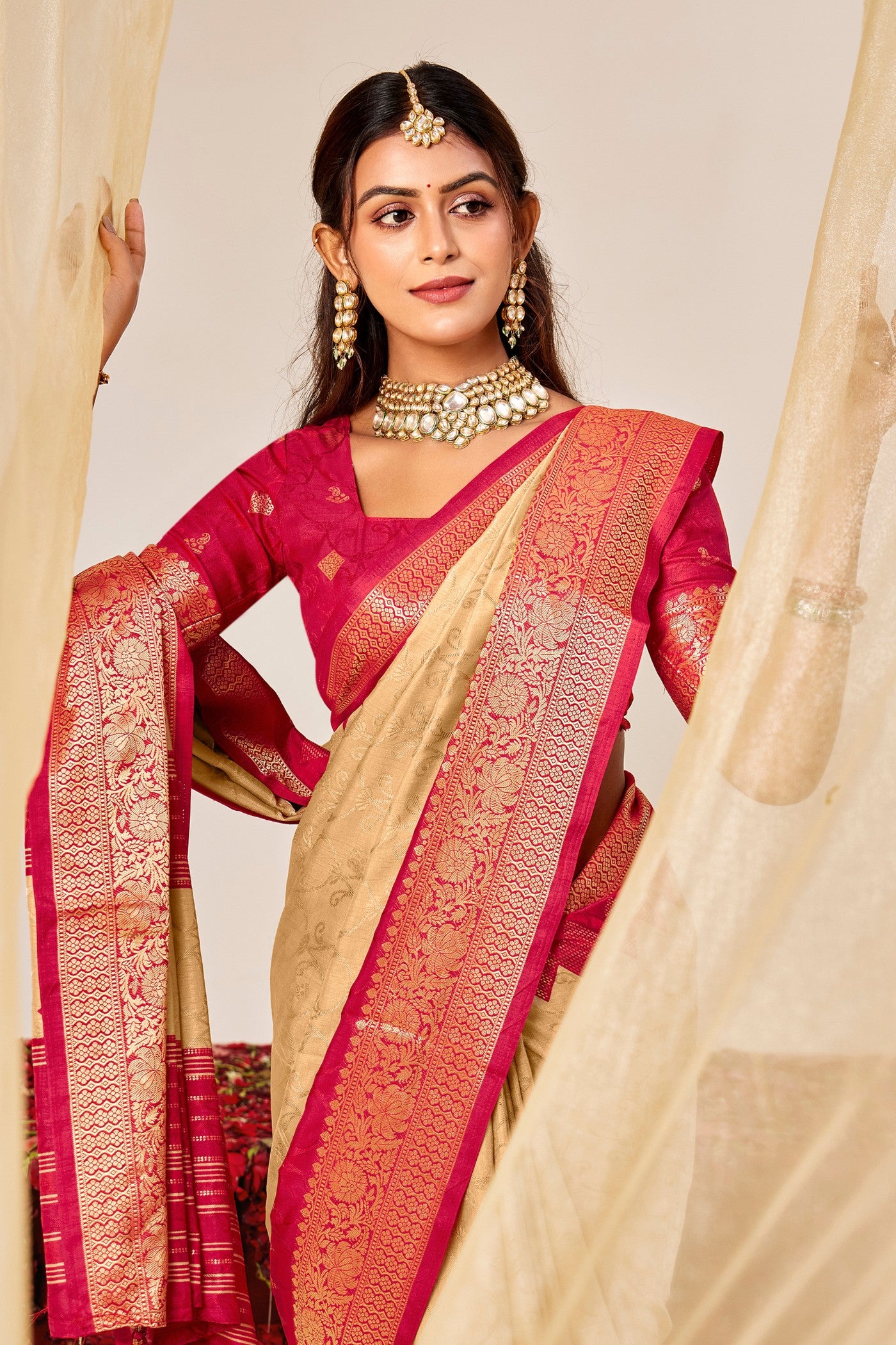 MySilkLove Bone Cream Tussar Printed Silk Saree