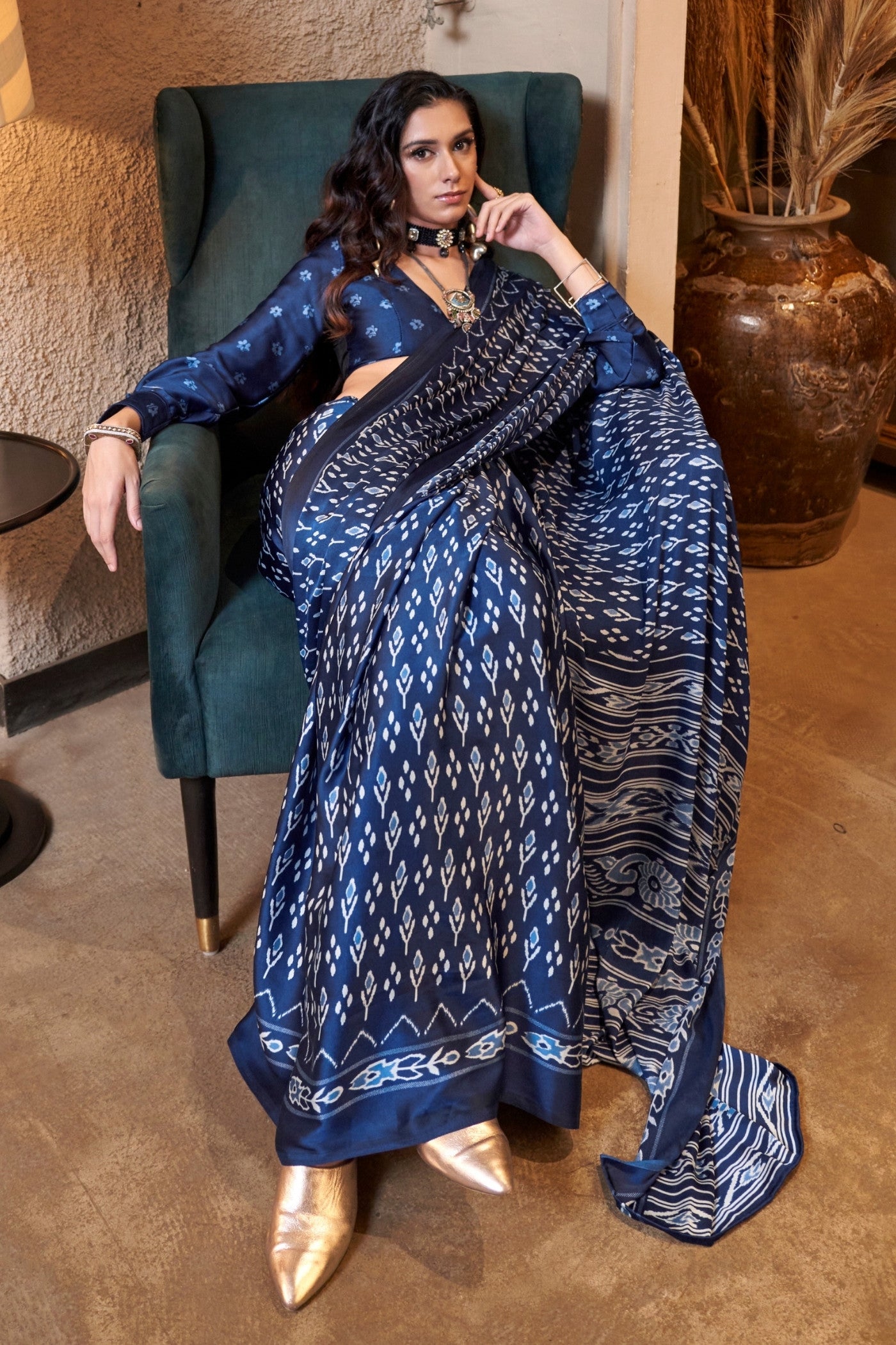 Buy MySilkLove Egyptian Blue Patola Printed Satin Crepe Saree Online