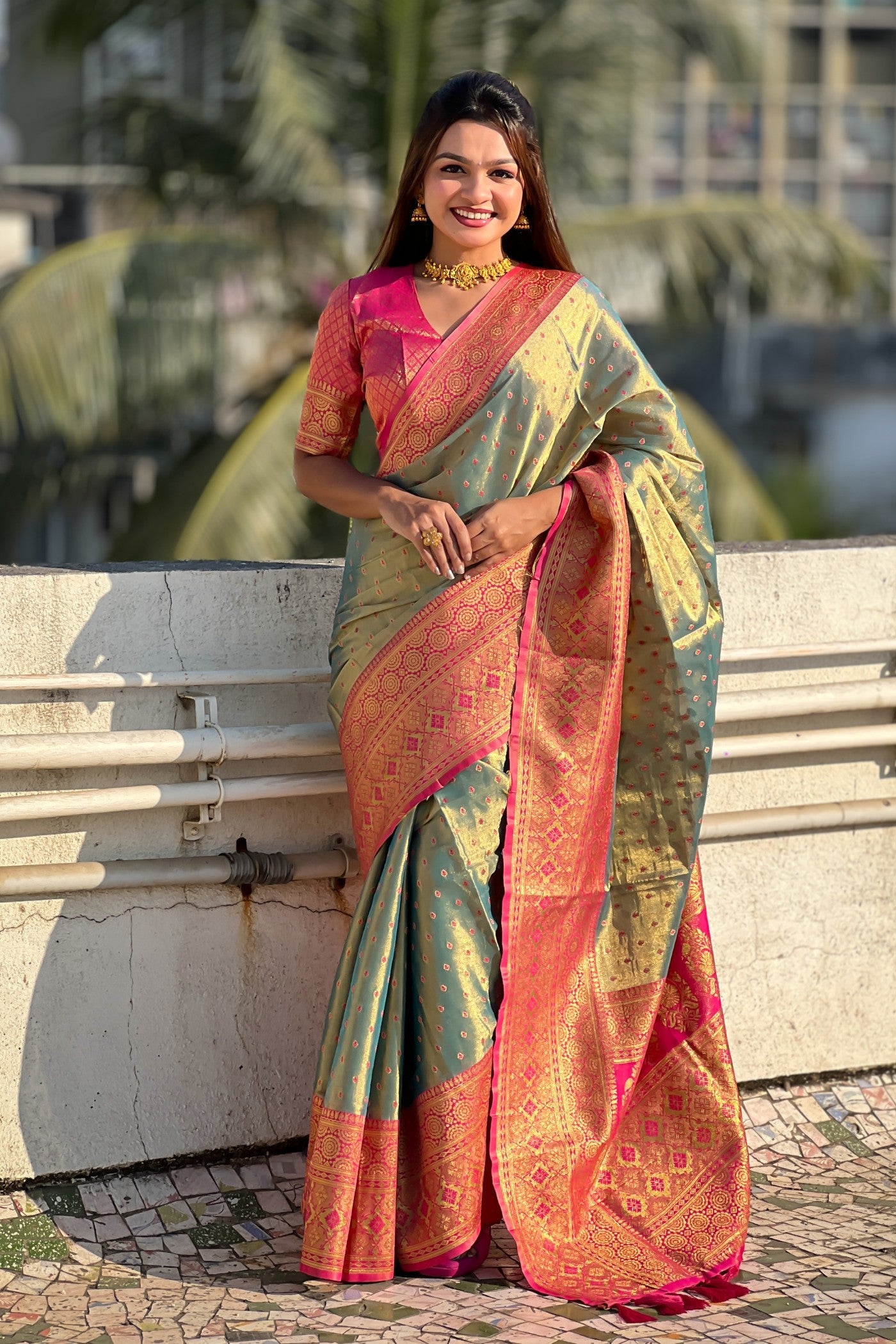 Buy MySilkLove Heathered Green Woven Banarasi Saree Online