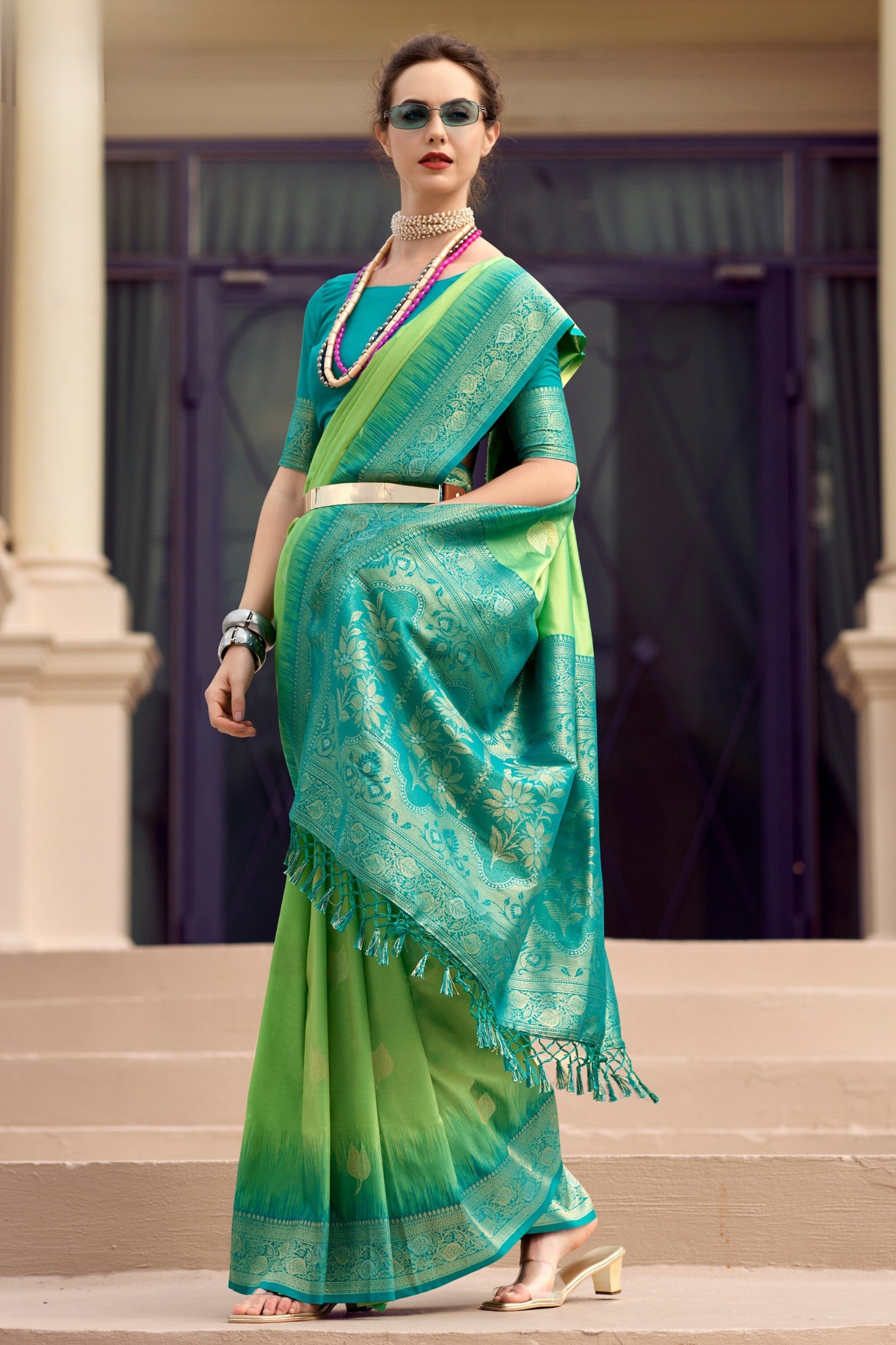 Buy MySilkLove Hippie Green Woven Banarasi Soft Silk Saree Online