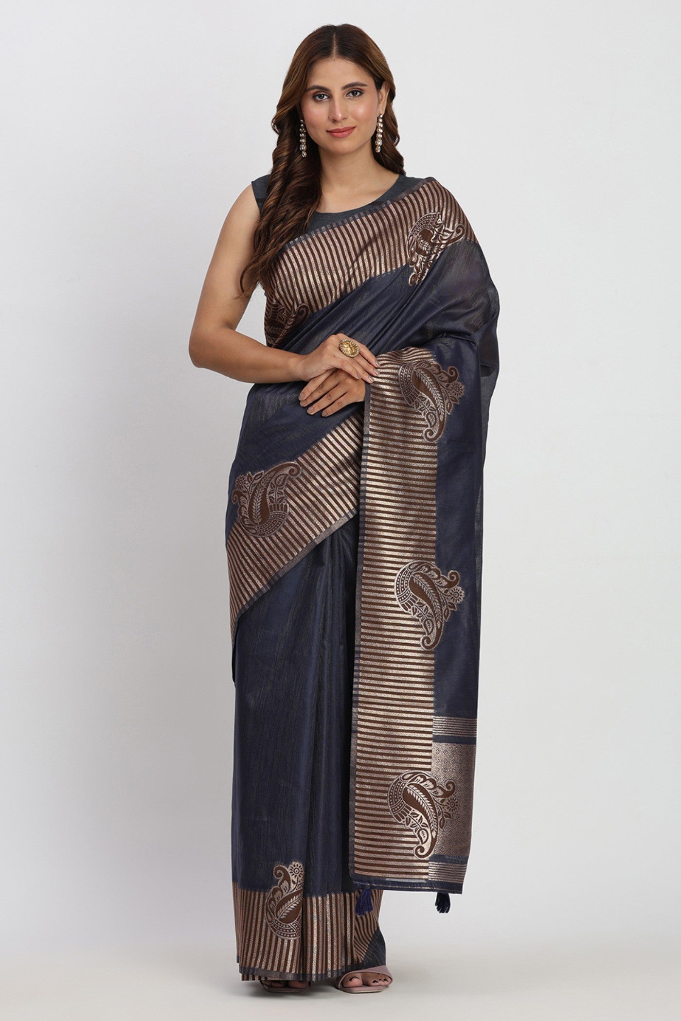Buy MySilkLove Navy Blue Woven Linen Cotton Saree Online