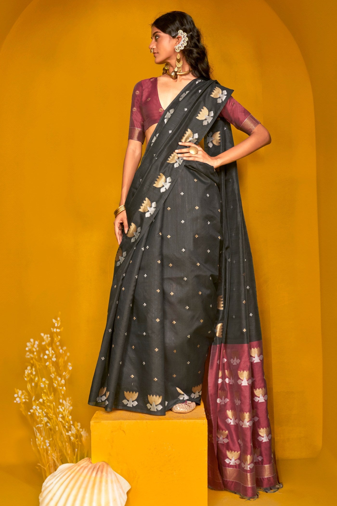 Buy MySilkLove Metal Black Tussar Handloom Silk Saree Online