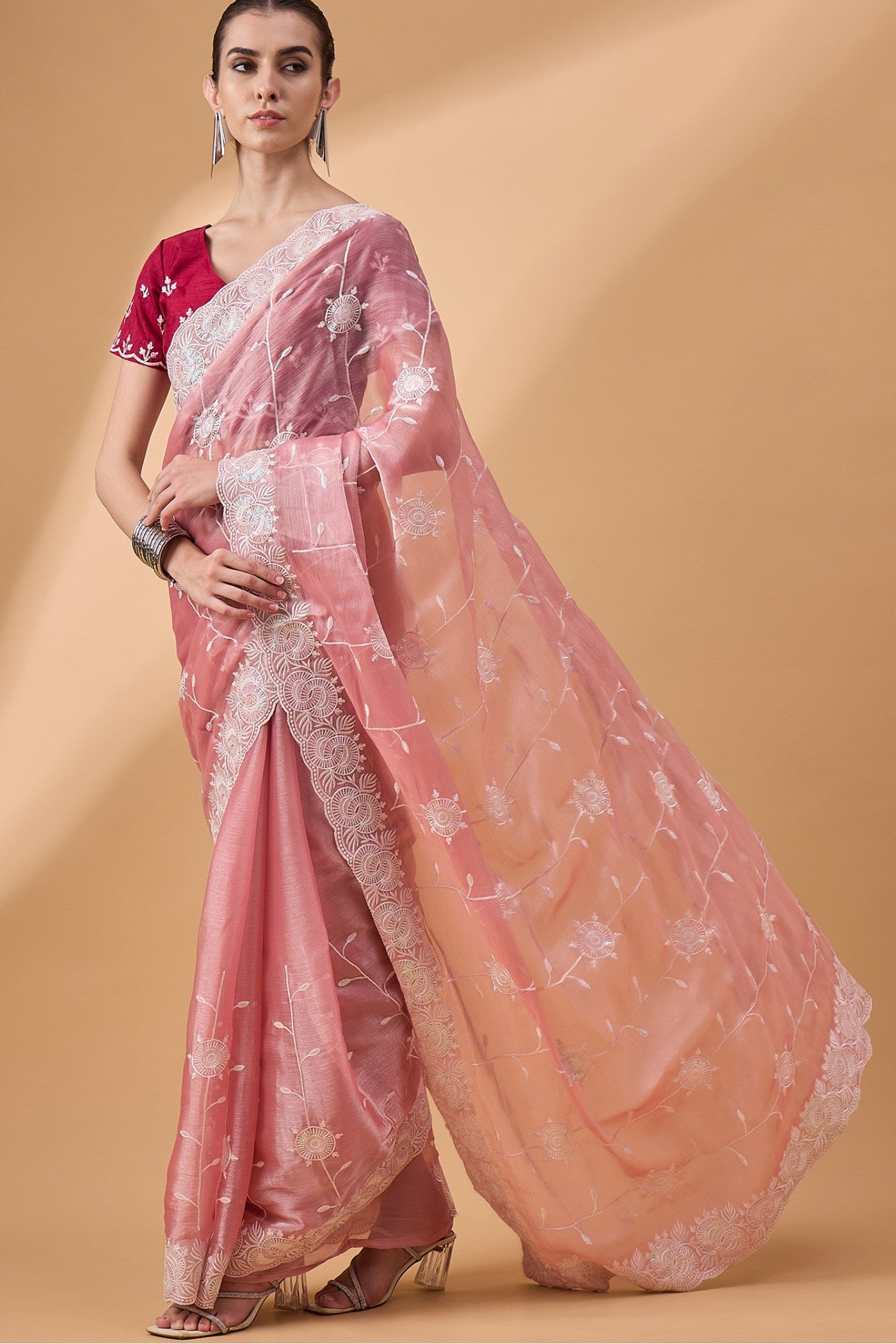 Buy MySilkLove Shilo Pink Organza Partywear Saree Online