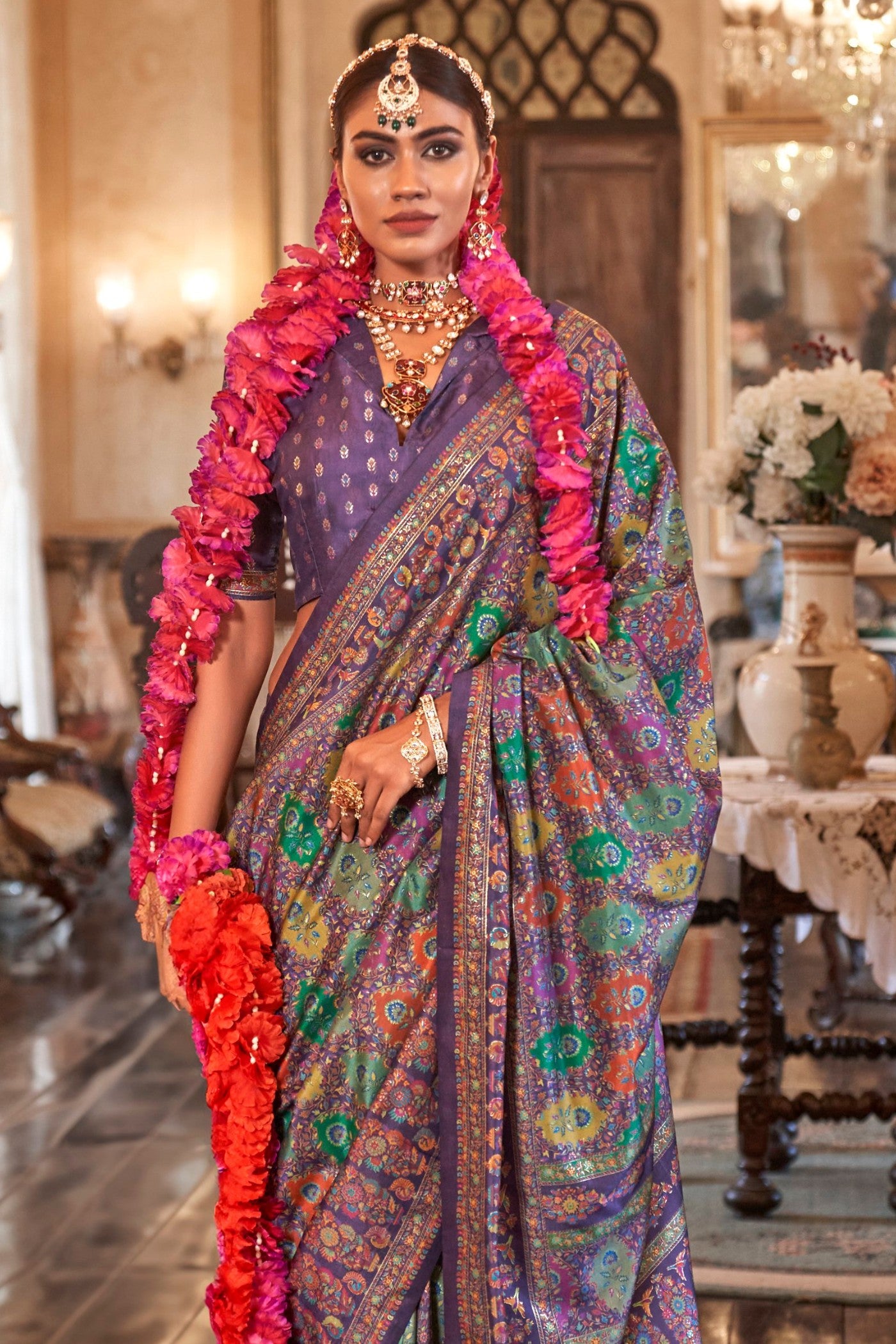 Buy MySilkLove Dusty Purple Printed Jamewar Saree Online