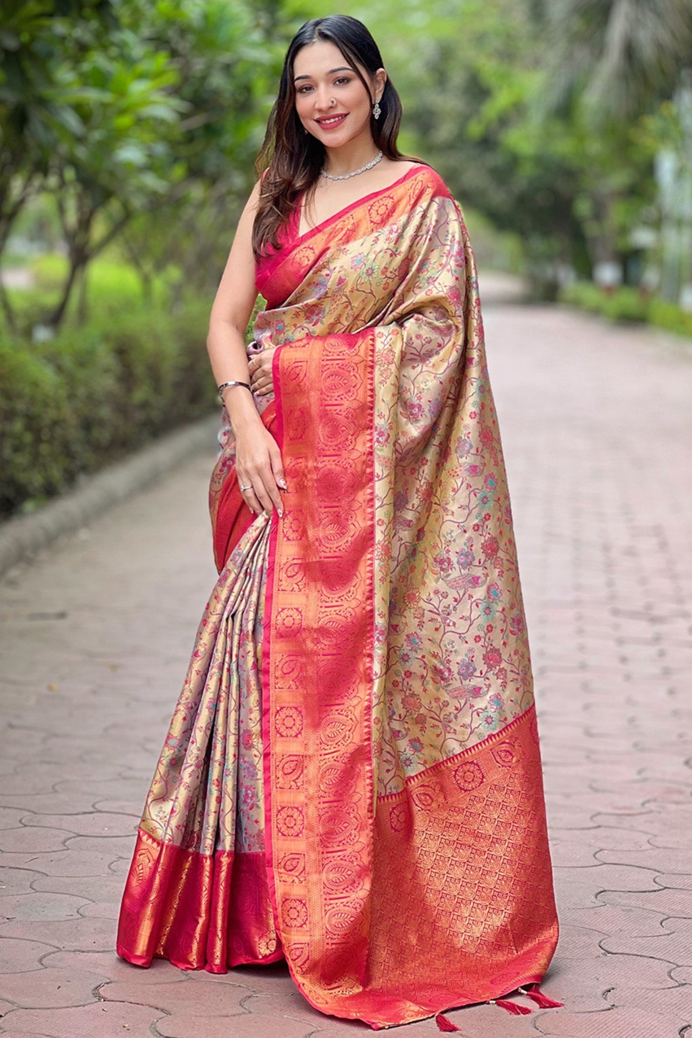 Buy MySilkLove Valencia Red and Cream Woven Banarasi Saree Online