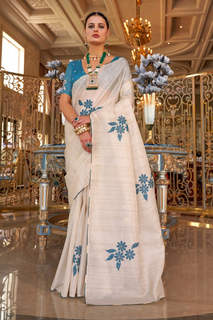 Buy MySilkLove Albescent White and Blue Woven Tussar Floral Silk Saree Online