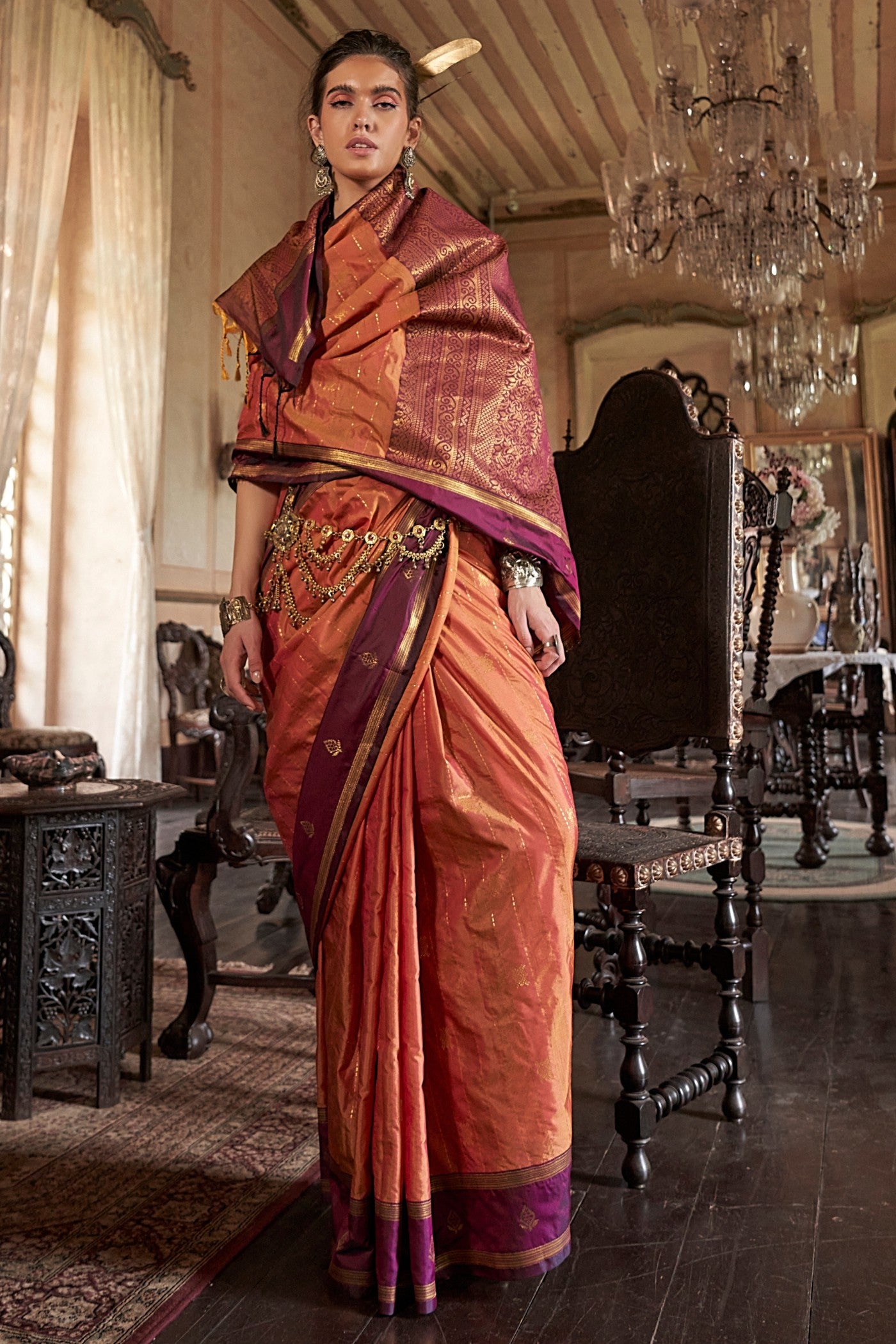 MySilkLove Squash Orange Tussar Handloom Silk Saree