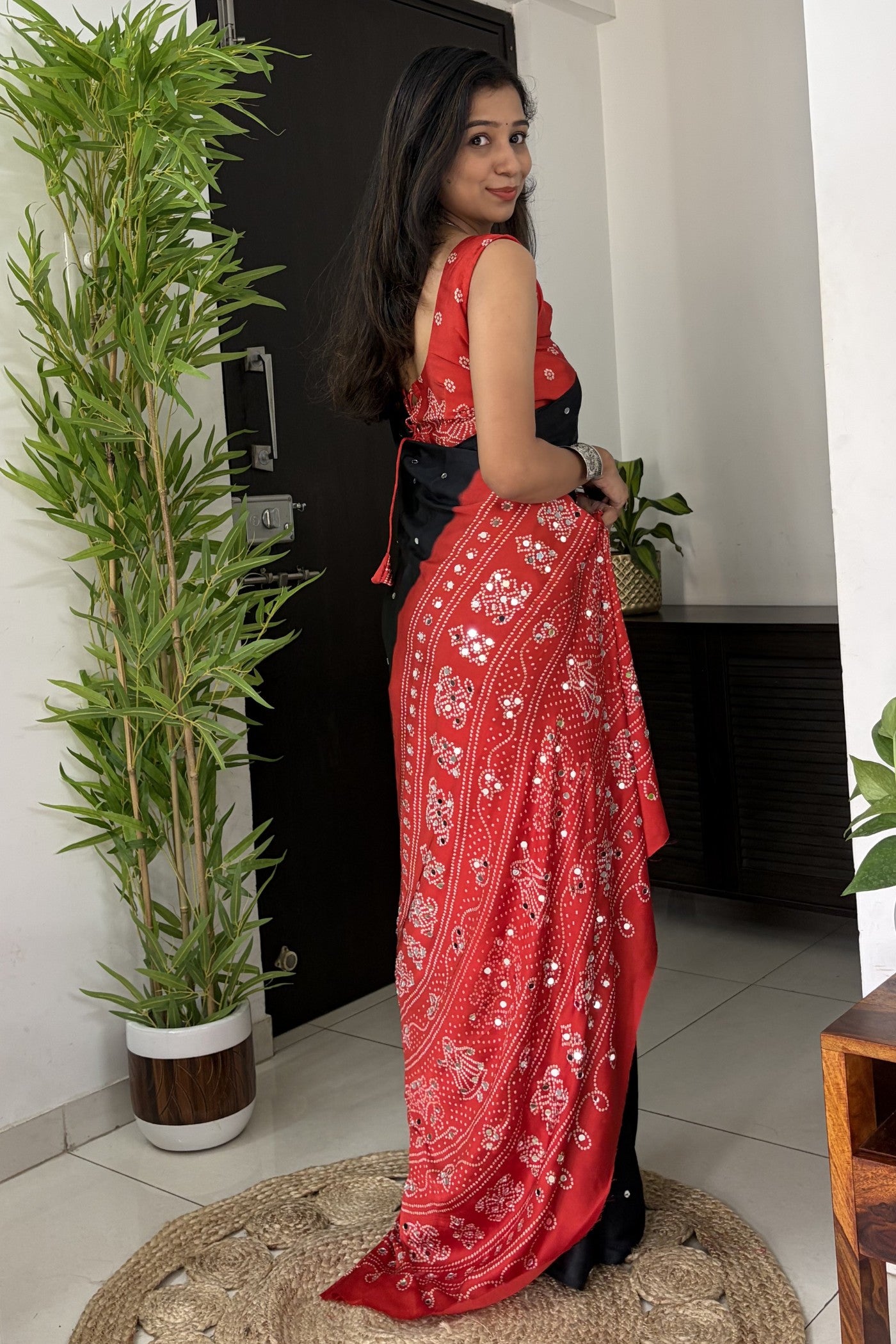 Buy MySilkLove Charcoal Black and Red Gaji Bandej Satin Soft Silk Saree Online