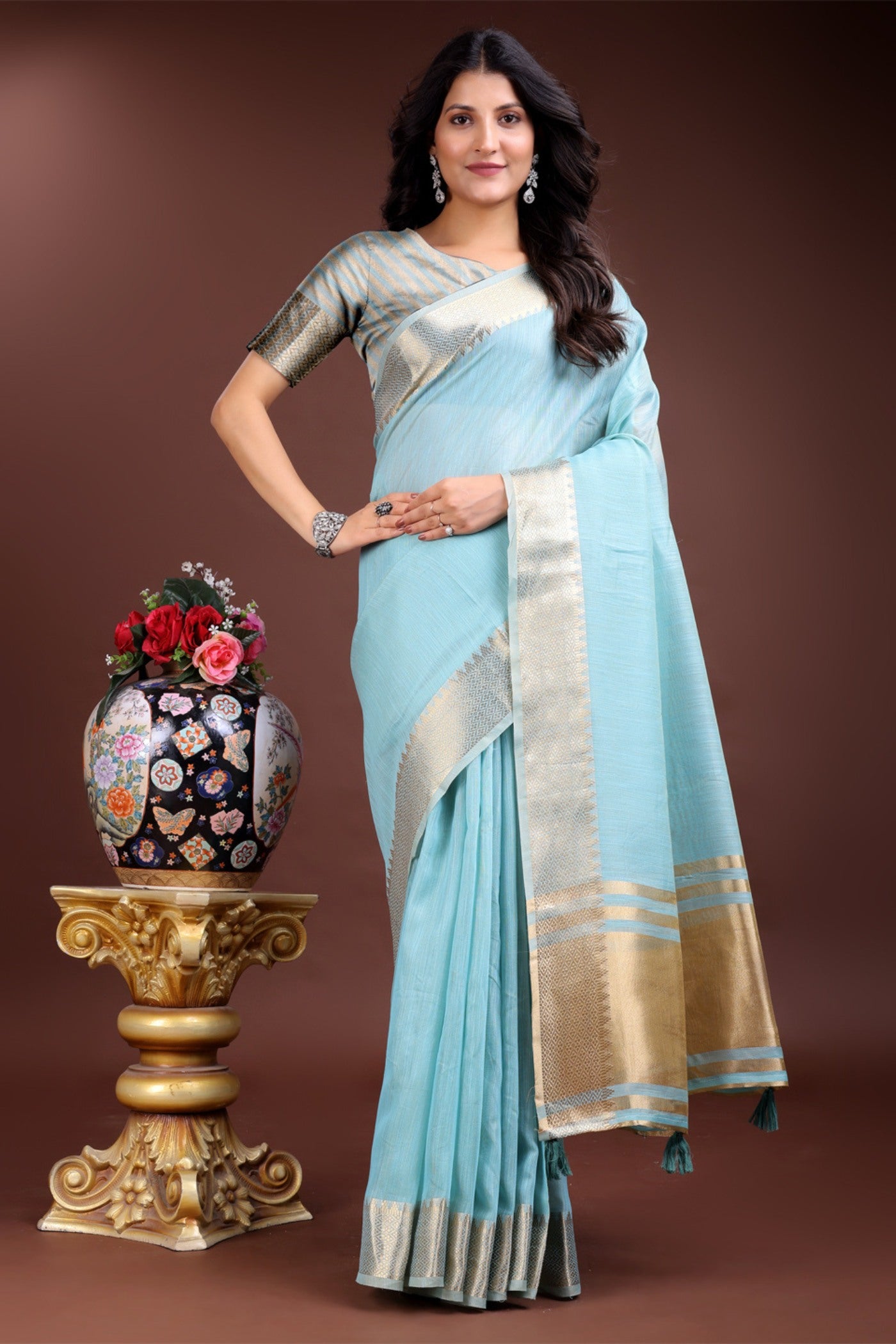 Buy MySilkLove Stone Blue Woven Cotton Saree Online