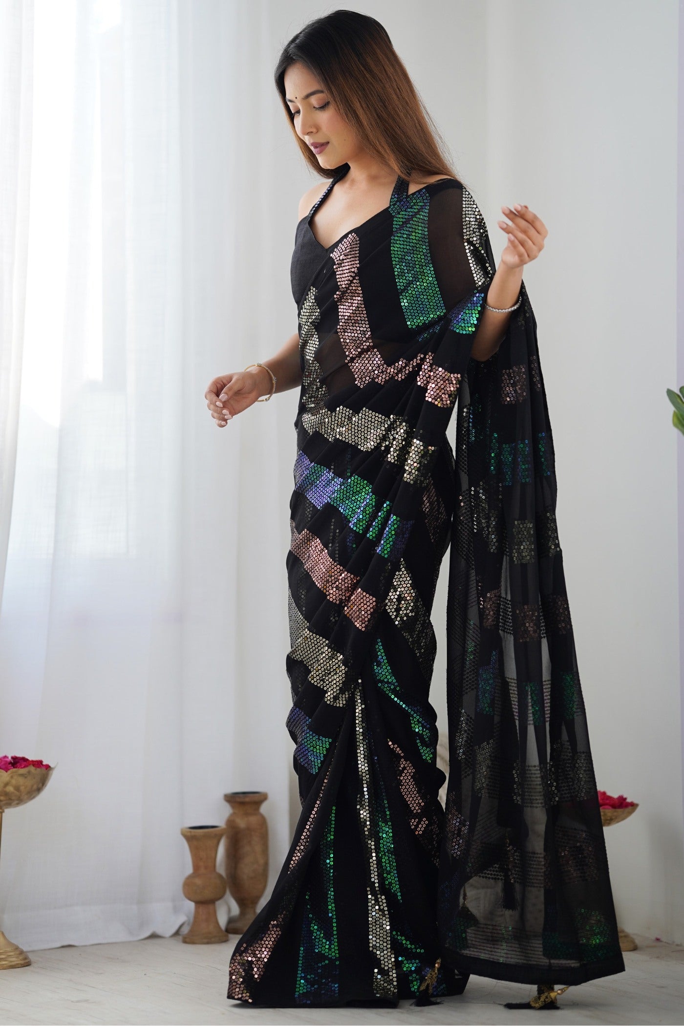 Buy MySilkLove Bitter Black Georgette Partywear Saree Online