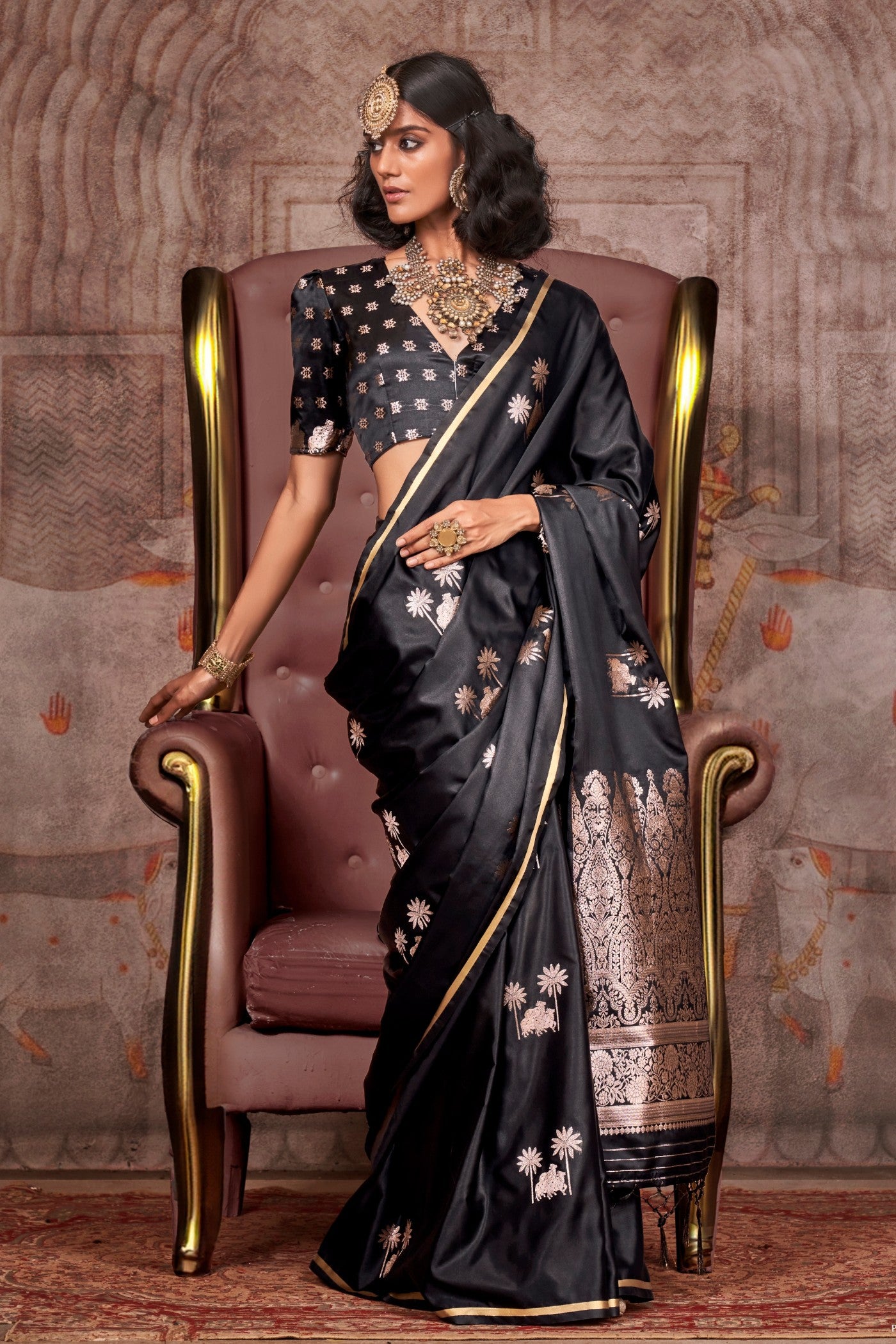 Buy MySilkLove Tuna Black Banarasi Pichwai Satin Saree Online