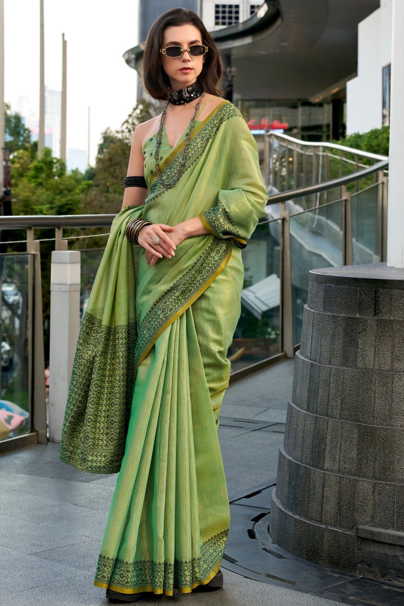 Buy MySilkLove Verdun Green Linen Tissue Silk Saree Online