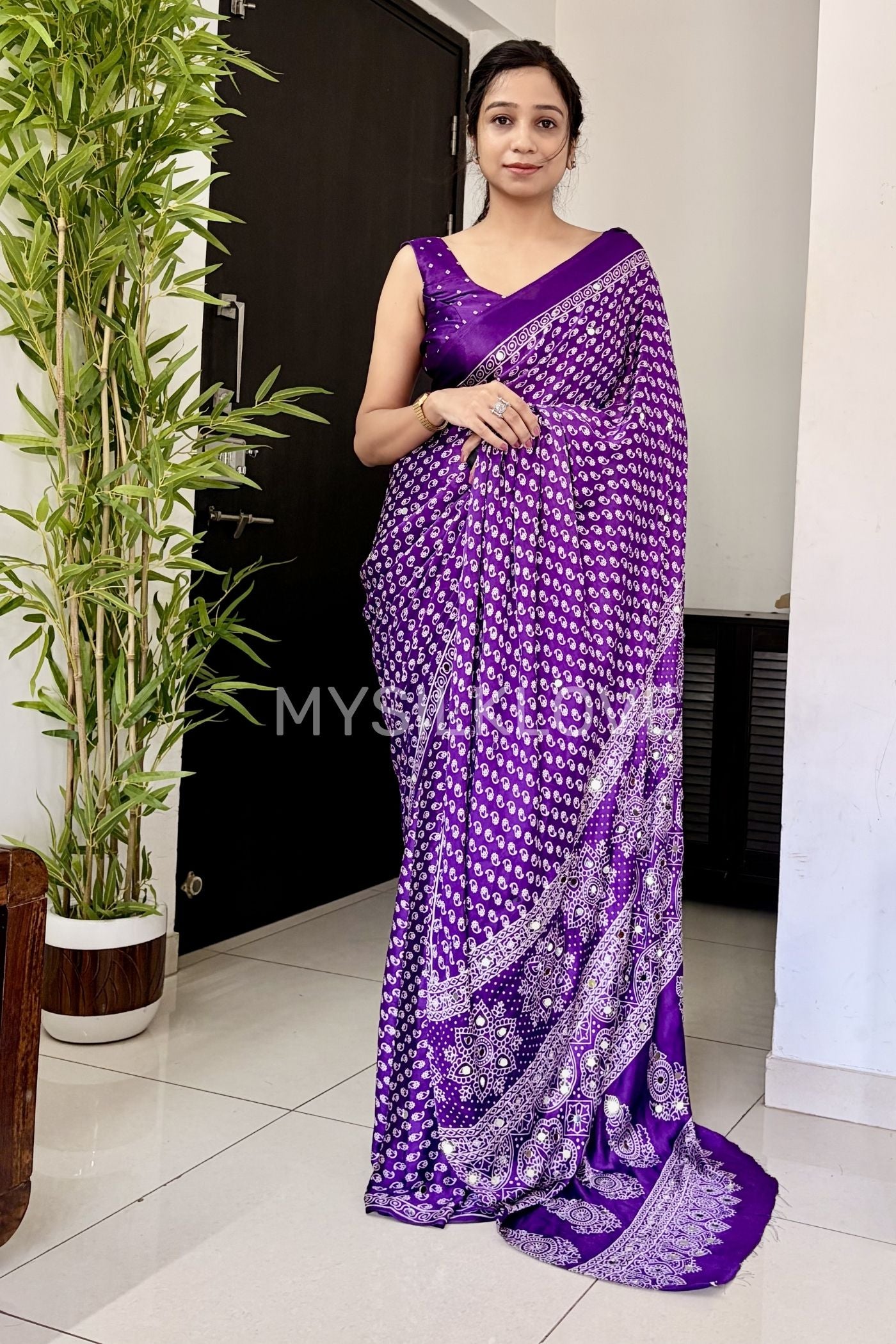 True Purple Modal Ajrakh Satin Printed Mirror Work Saree