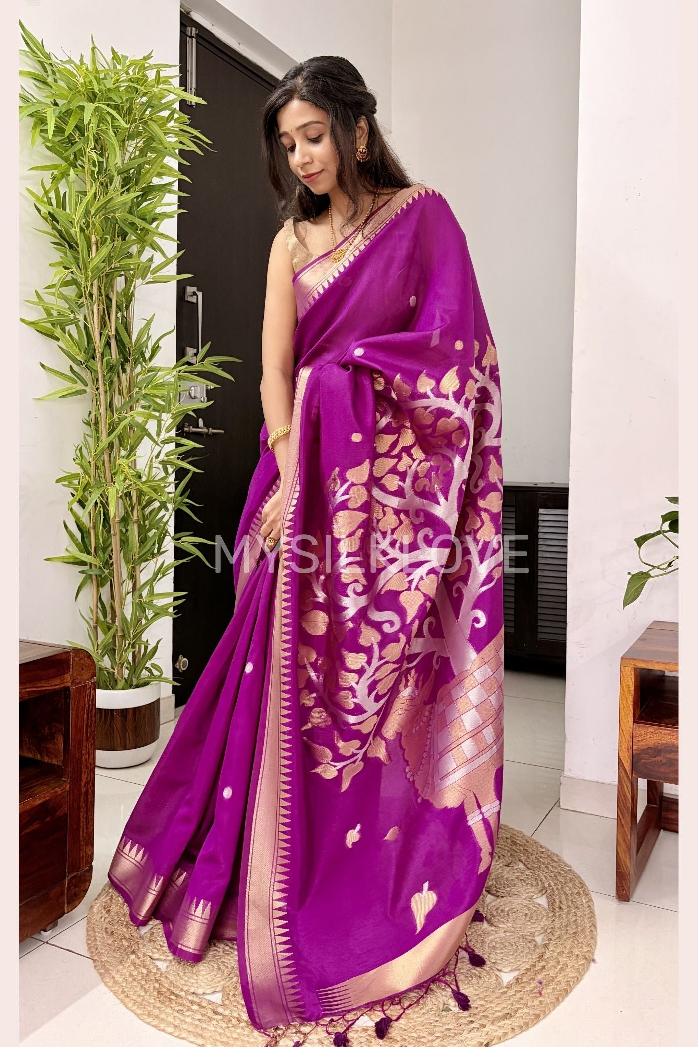 Buy MySilkLove Dark Pink Pichwai Woven temple border Pure Cotton Silk Saree Online