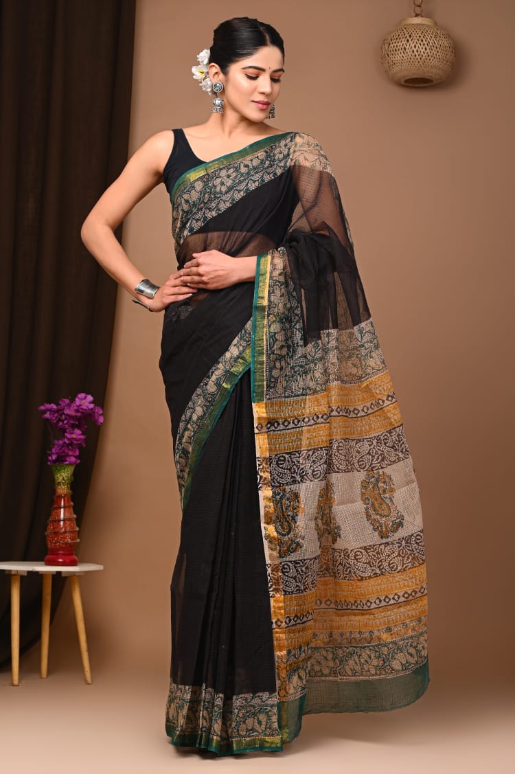 Buy MySilkLove Mine Shaft Black Handblock Kota Doriya Saree Online