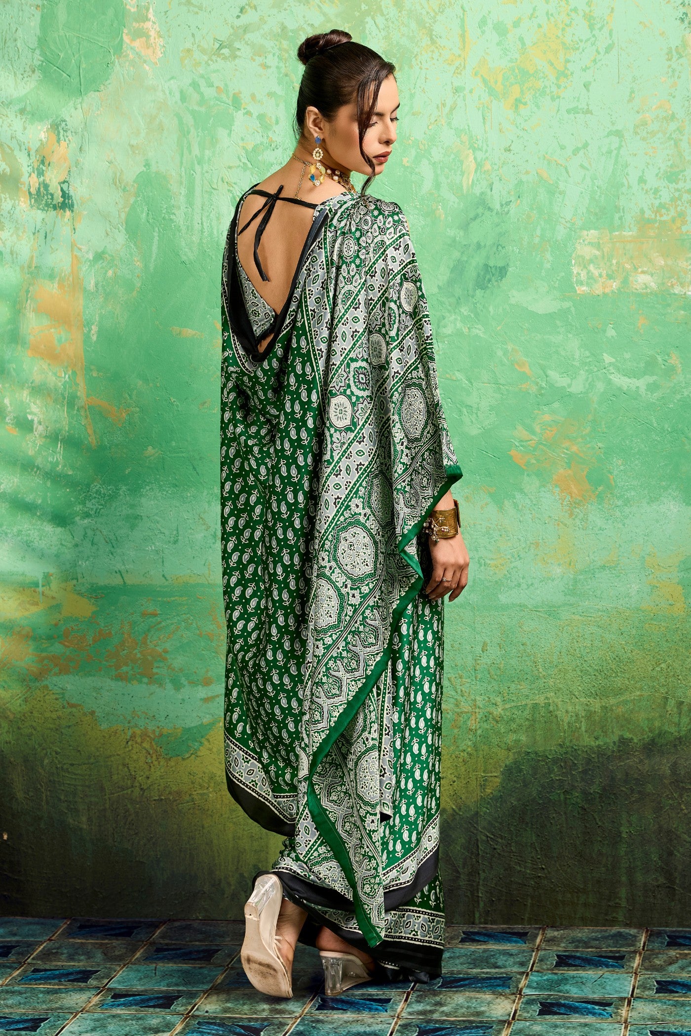 Buy MySilkLove Forest Green Modal Ajrakh Satin Printed Silk Saree Online