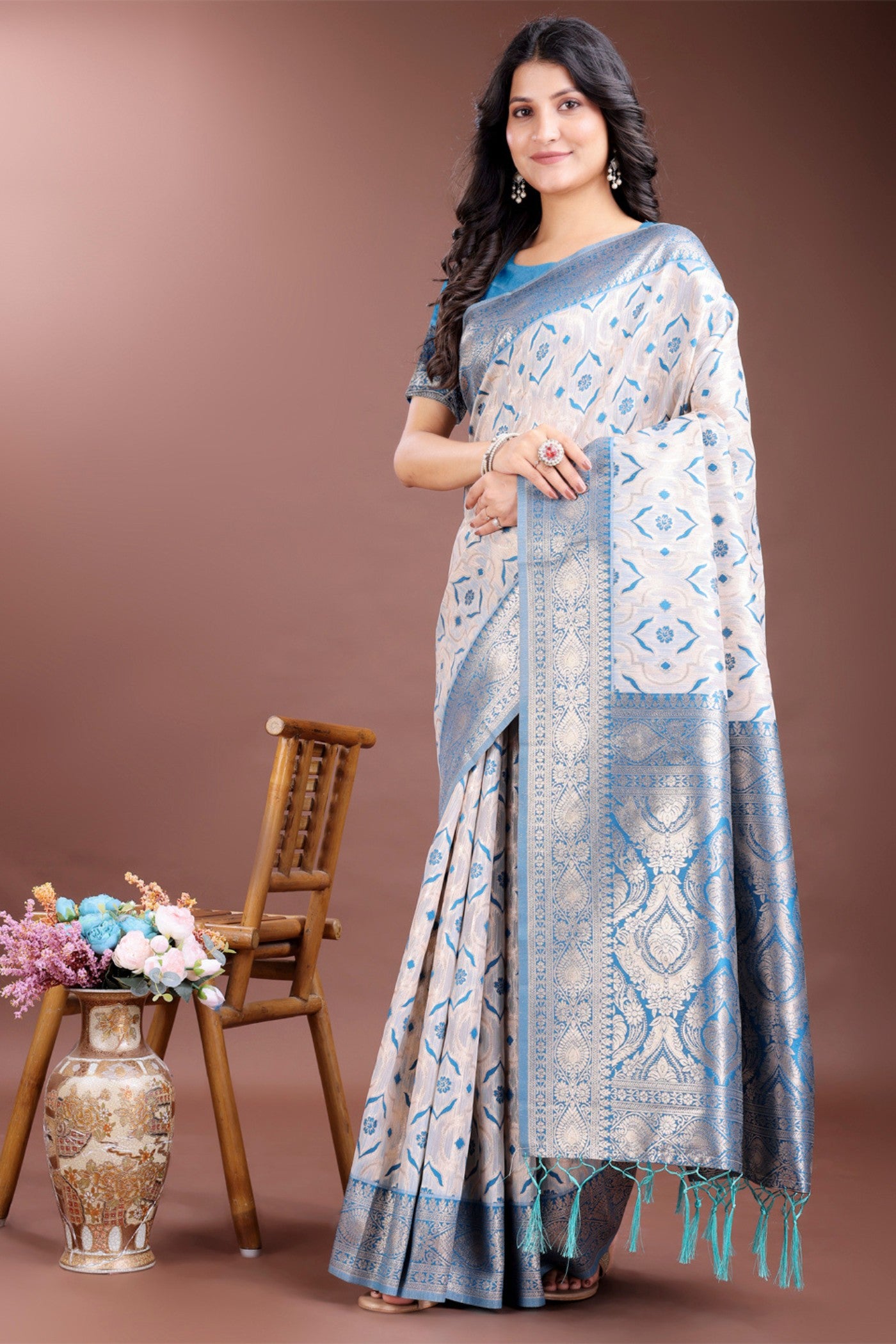 Buy MySilkLove Steel Blue and White Linen Cotton Saree Online