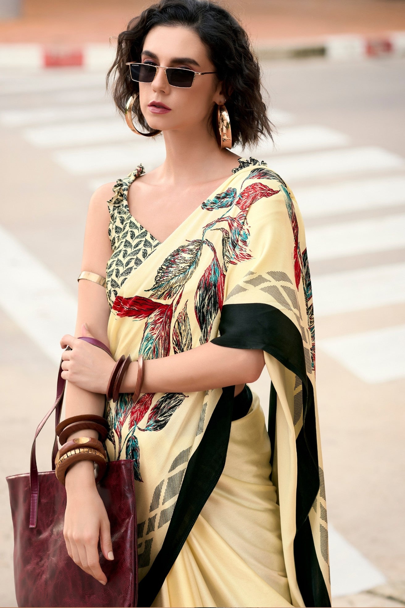 Buy MySilkLove Bisque Cream Printed Satin Crepe Saree Online