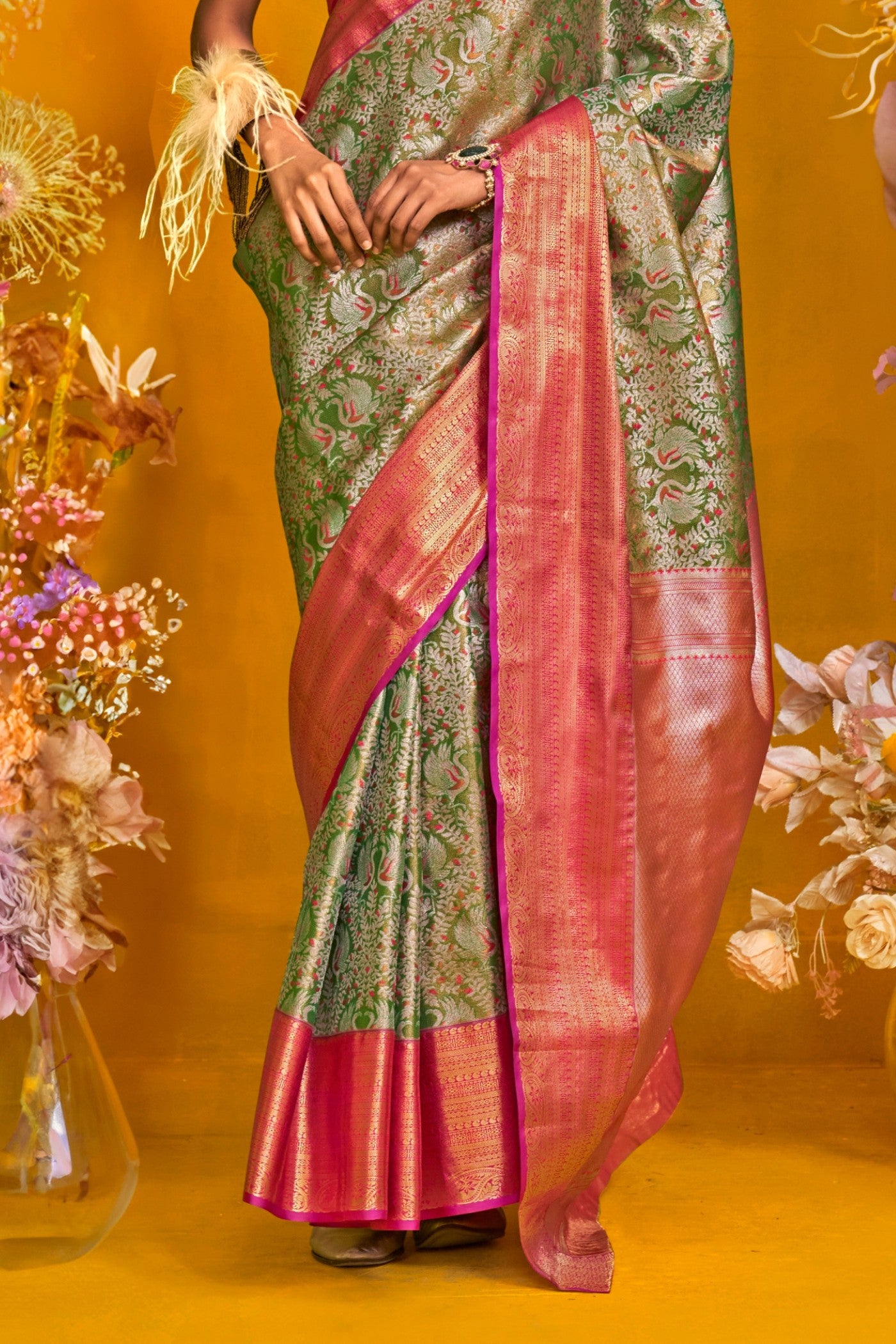 Buy MySilkLove Wild Willow Green Handloom Kanjivaram Saree Online