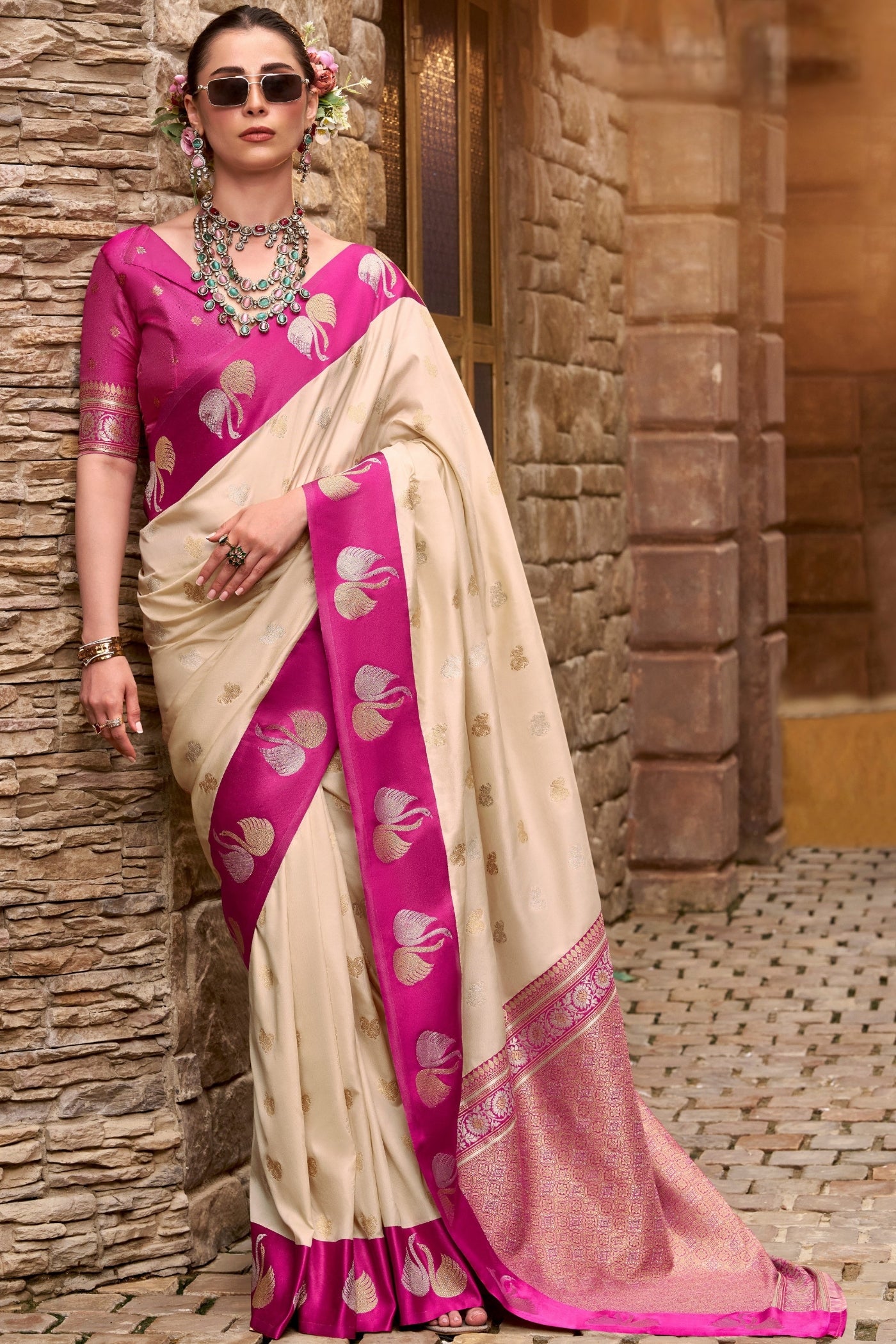 Buy MySilkLove Coffee Cream Woven Satin Soft Silk Saree Online