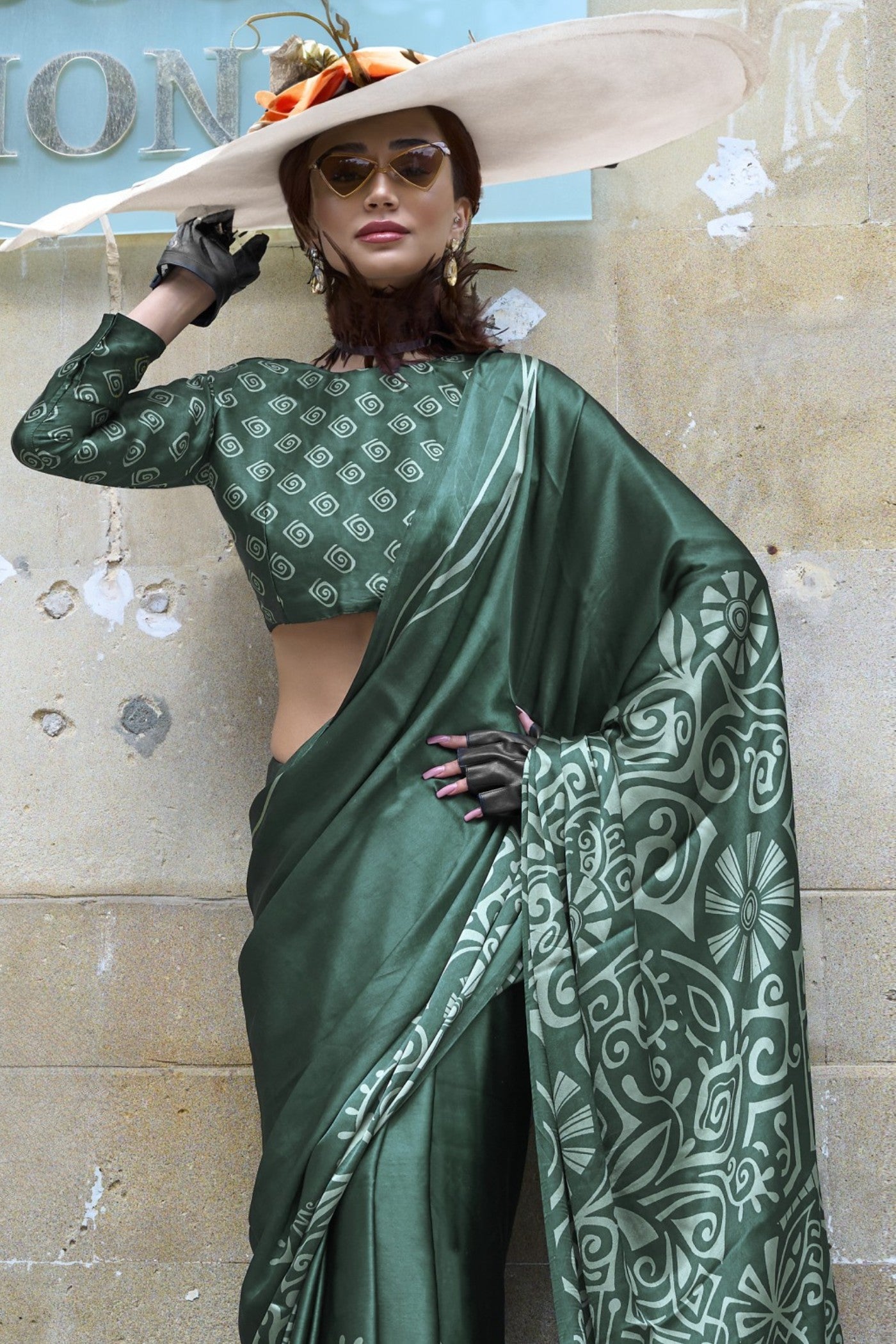 MySilkLove Luster Green Printed Satin Crepe Silk Saree