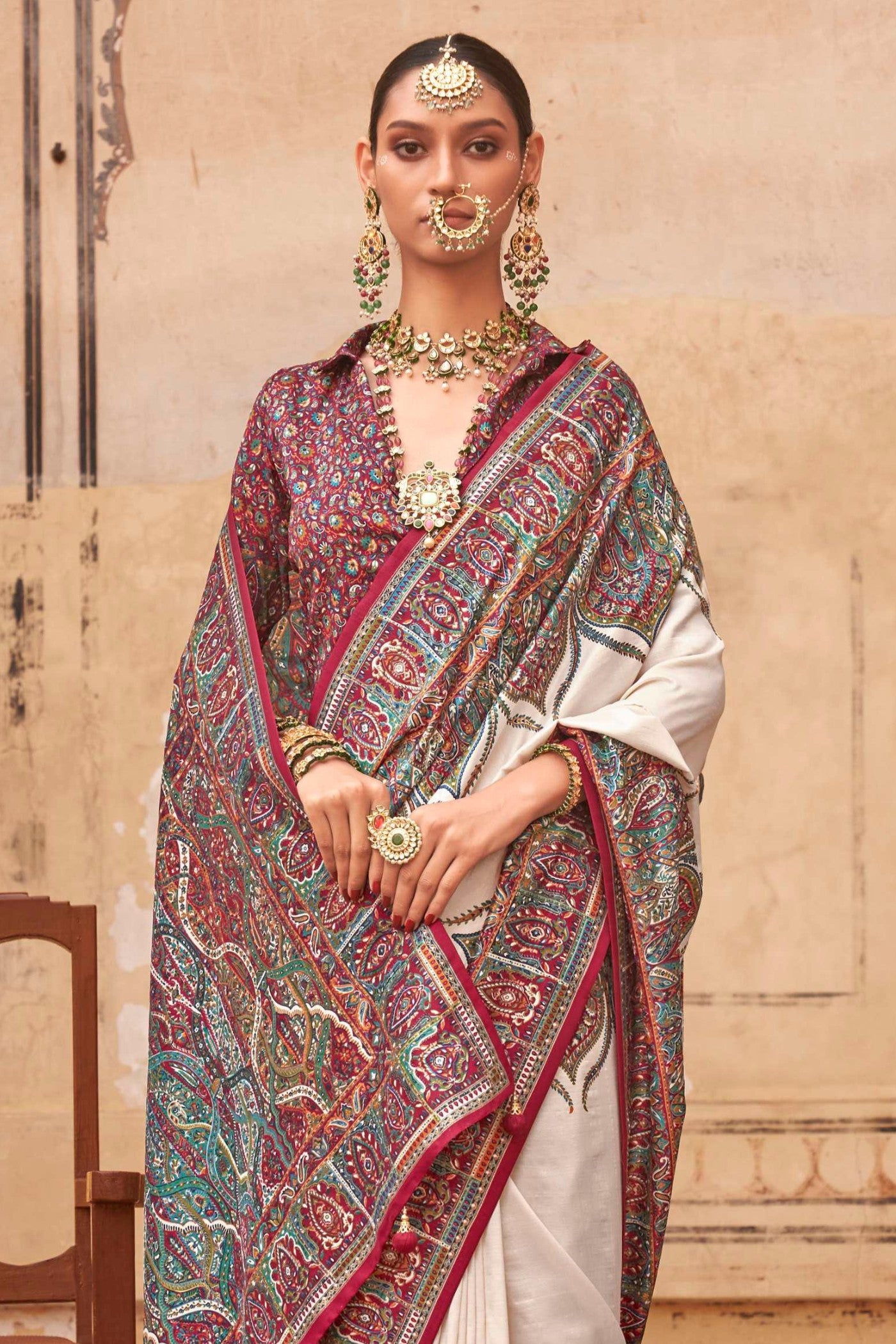 Buy MySilkLove Milk White Printed Jamawar Saree Online