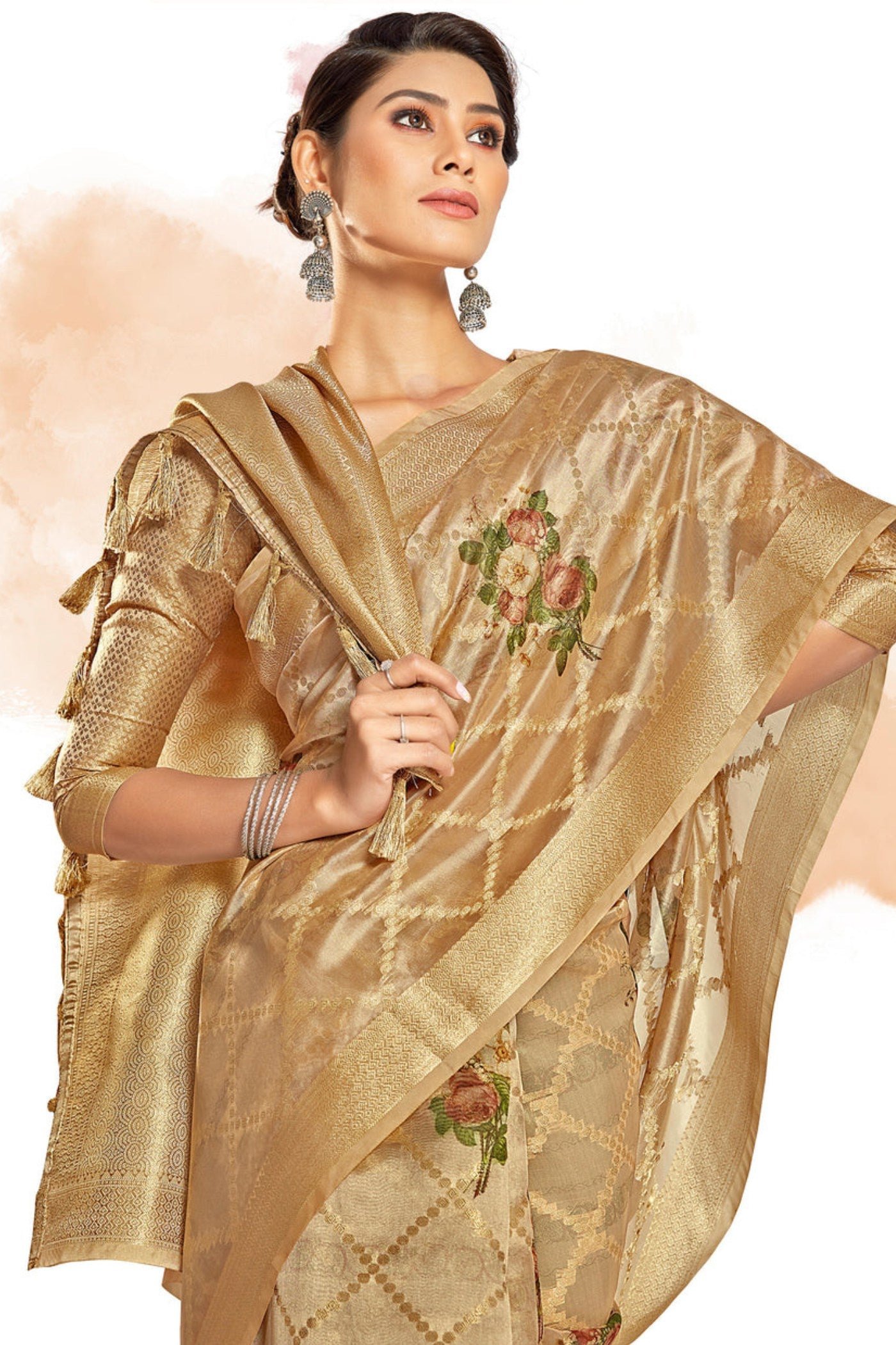 MySilkLove Tussock Cream Digital Printed Banarasi Saree