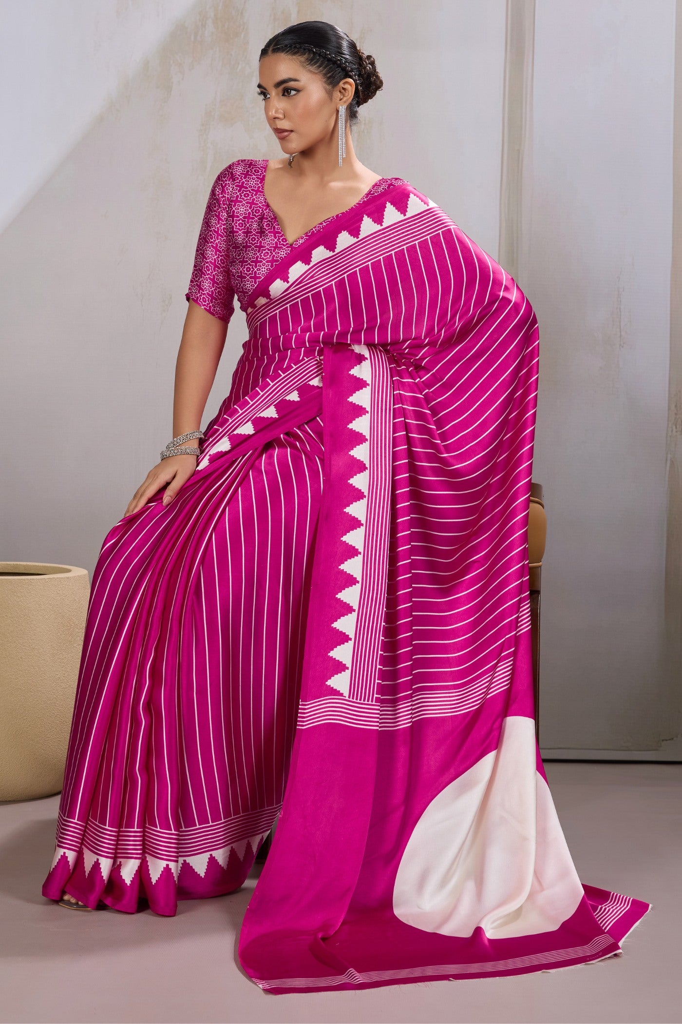 Buy MySilkLove Baby Pink Ajrakh Printed Satin Crepe Silk Saree Online