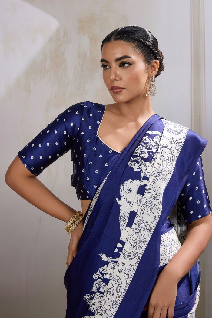 MySilkLove Royal Blue Modal Ajrakh Printed Satin Silk Saree